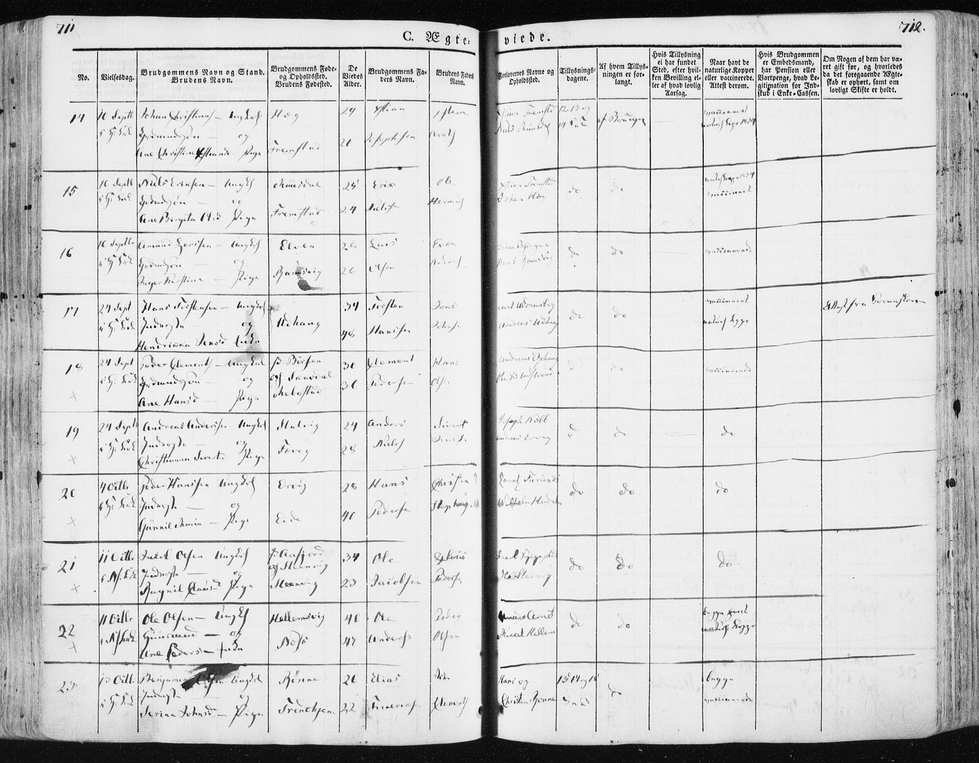 Ministerialprotokoller, klokkerbøker og fødselsregistre - Sør-Trøndelag, AV/SAT-A-1456/659/L0736: Ministerialbok nr. 659A06, 1842-1856, s. 711-712