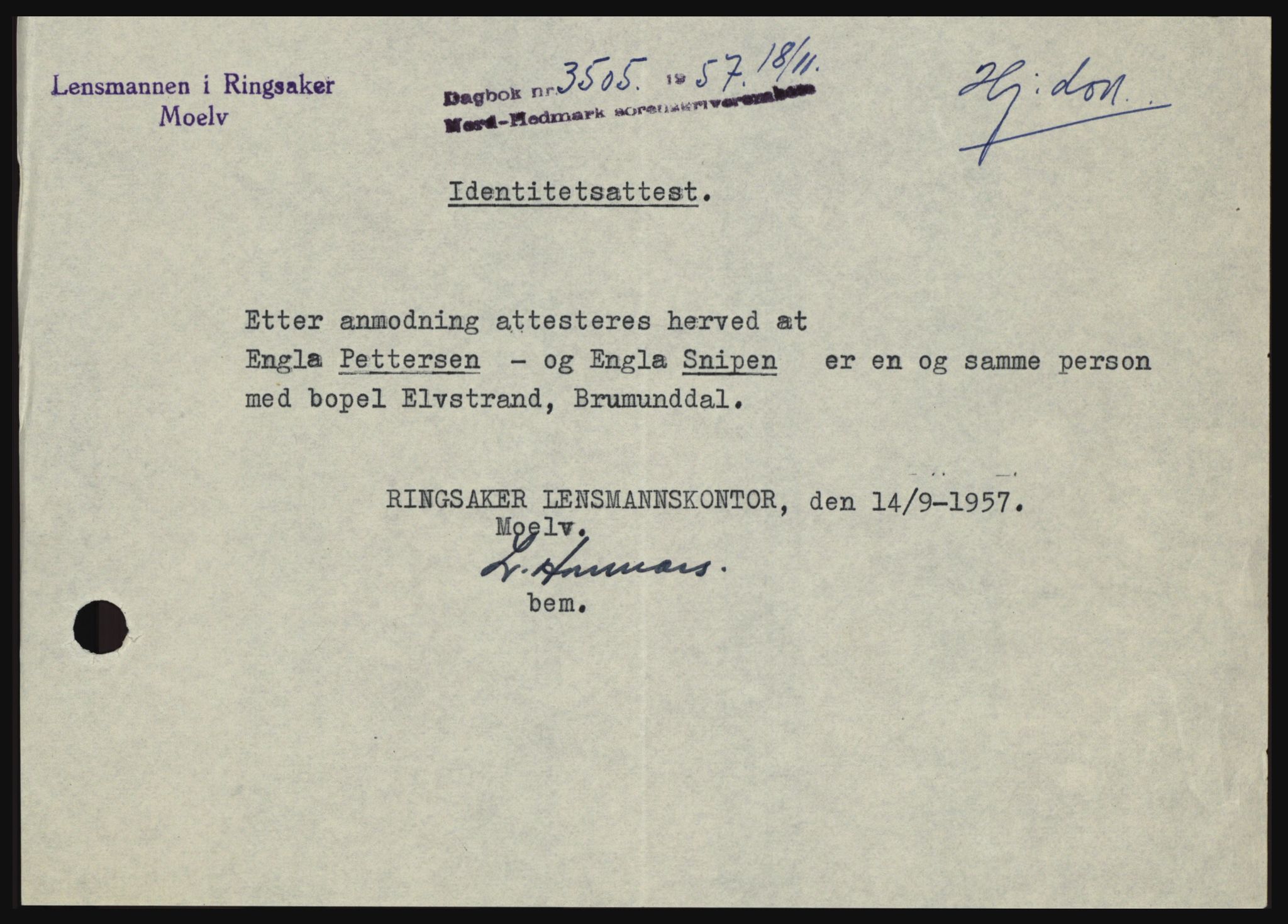 Nord-Hedmark sorenskriveri, SAH/TING-012/H/Hc/L0011: Pantebok nr. 11, 1956-1957, Dagboknr: 3505/1957