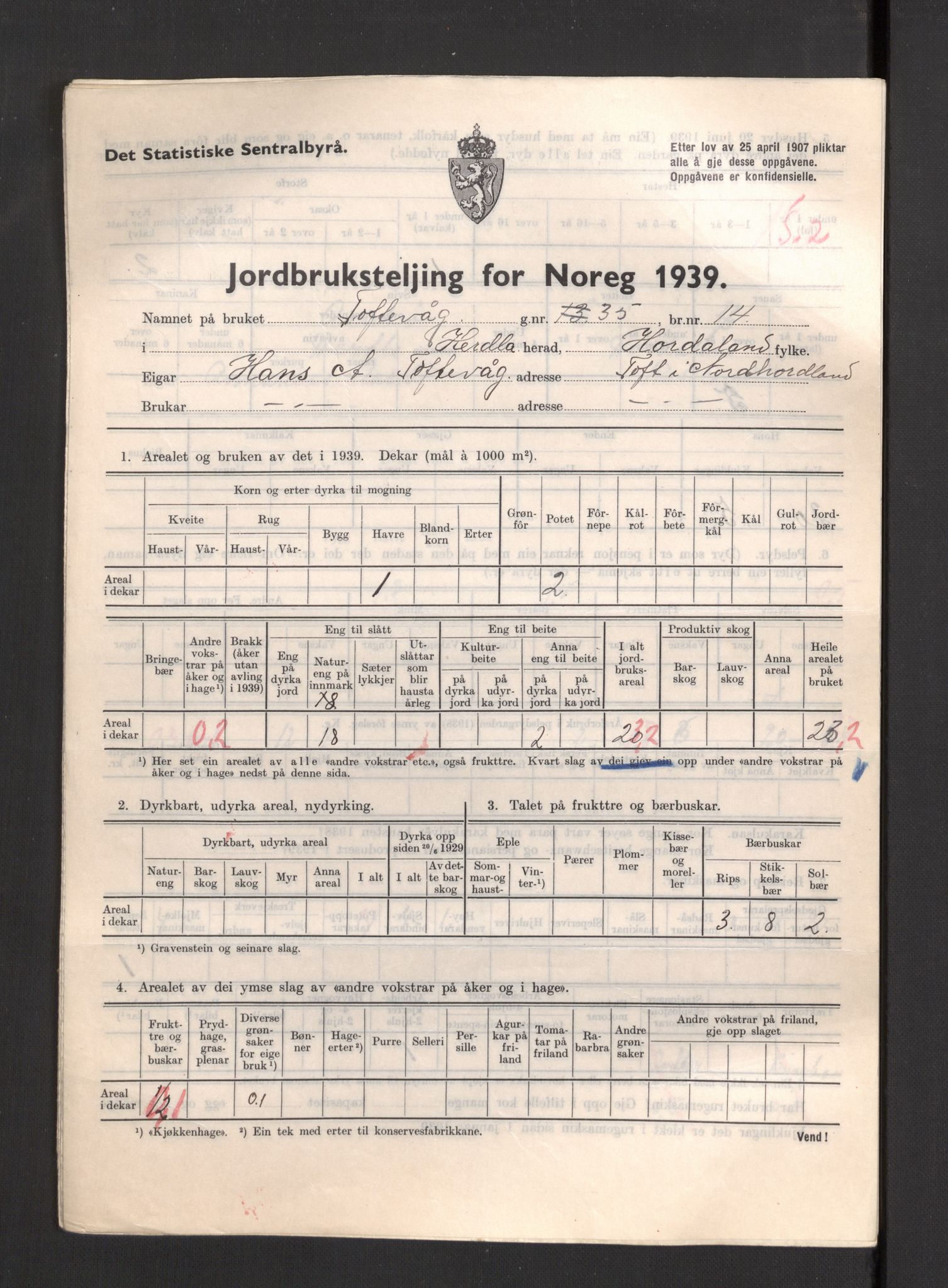 Statistisk sentralbyrå, Næringsøkonomiske emner, Jordbruk, skogbruk, jakt, fiske og fangst, AV/RA-S-2234/G/Gb/L0211: Hordaland: Herdla, Hjelme og Manger, 1939, s. 989