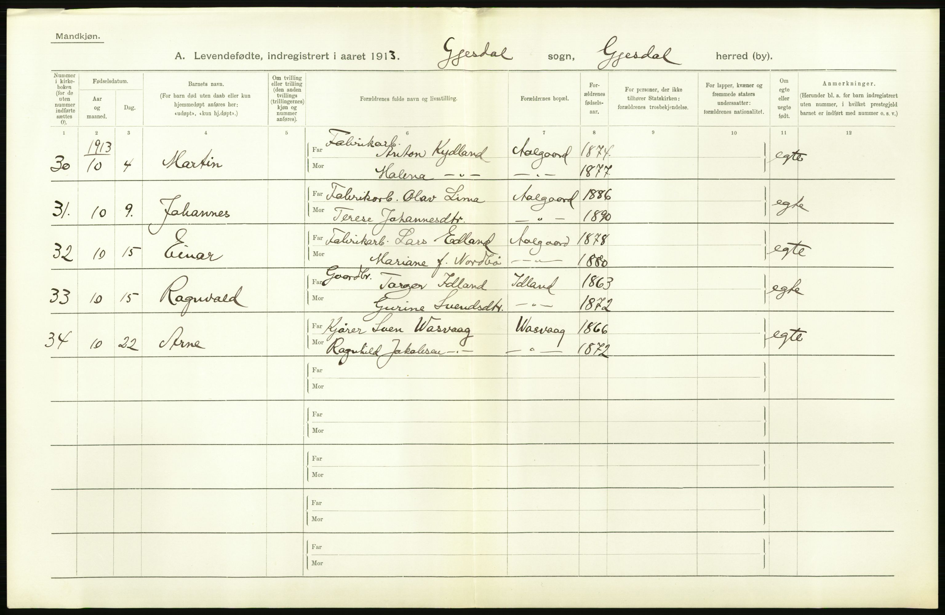 Statistisk sentralbyrå, Sosiodemografiske emner, Befolkning, AV/RA-S-2228/D/Df/Dfb/Dfbc/L0025: Stavanger amt: Levendefødte menn og kvinner. Bygder., 1913, s. 42