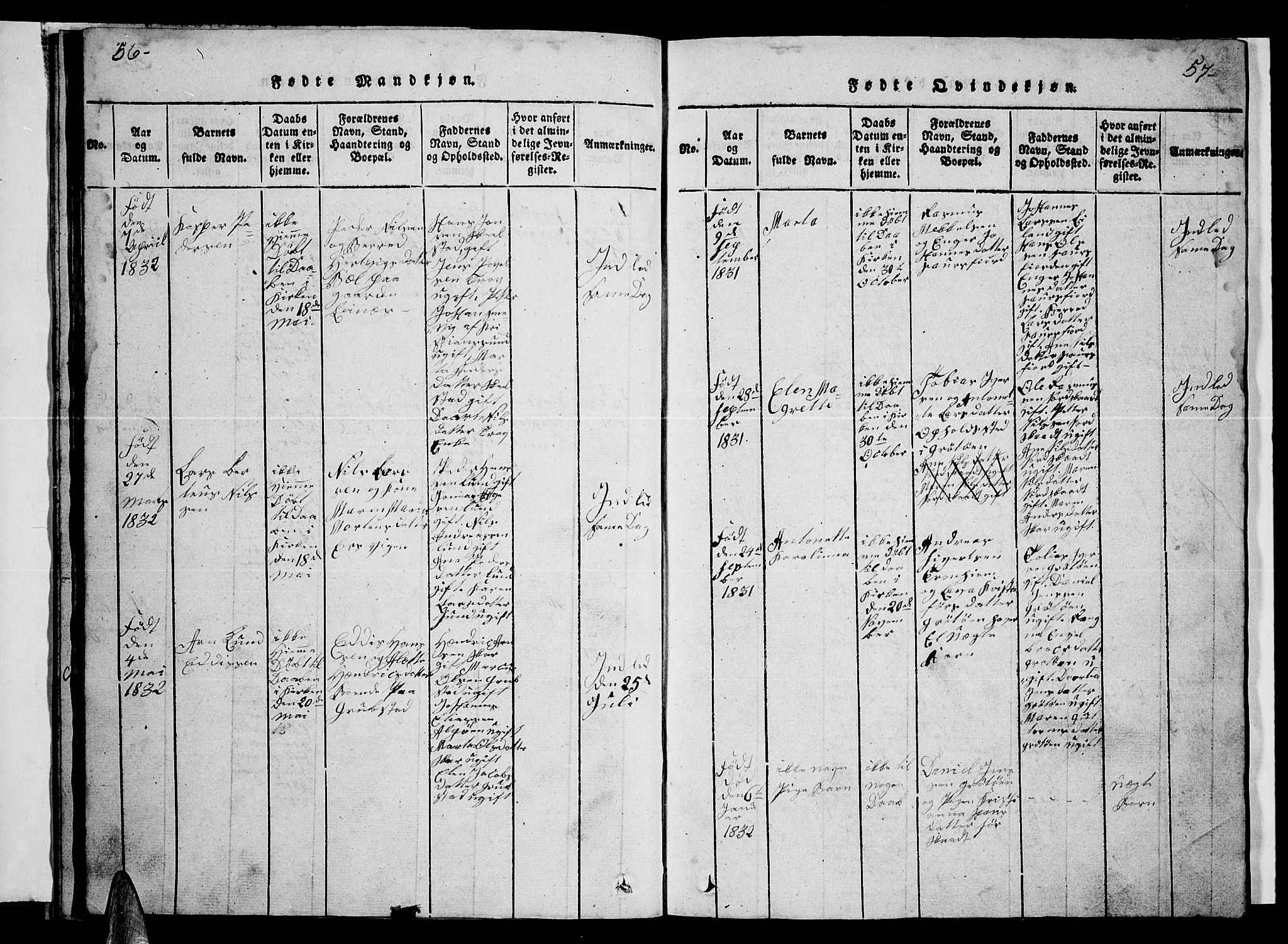 Ministerialprotokoller, klokkerbøker og fødselsregistre - Nordland, AV/SAT-A-1459/857/L0826: Klokkerbok nr. 857C01, 1821-1852, s. 56-57