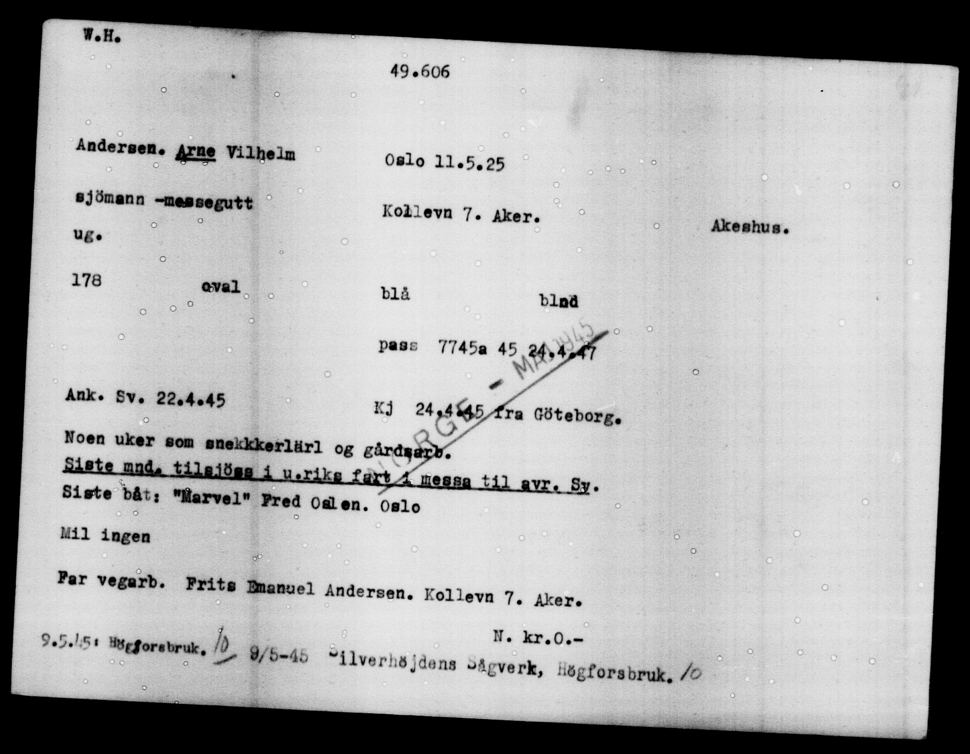 Utenriksstasjonene, Legasjonen i Stockholm, Flyktningkontoret, AV/RA-S-6753/V/Va/L0019: Kjesäterkartoteket, flyktning nr. 49600-55060, 1940-1945, s. 9