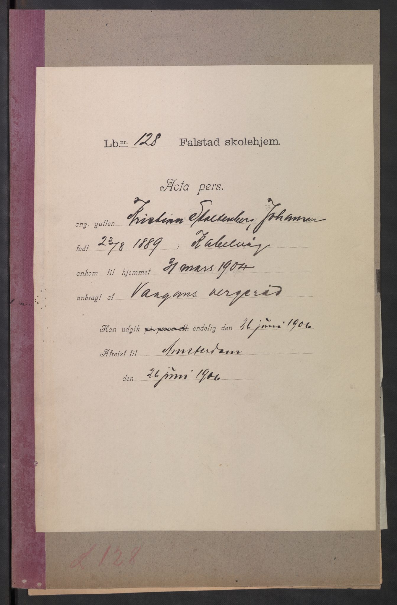 Falstad skolehjem, RA/S-1676/E/Eb/L0006: Elevmapper løpenr. 121-145, 1903-1910, s. 110