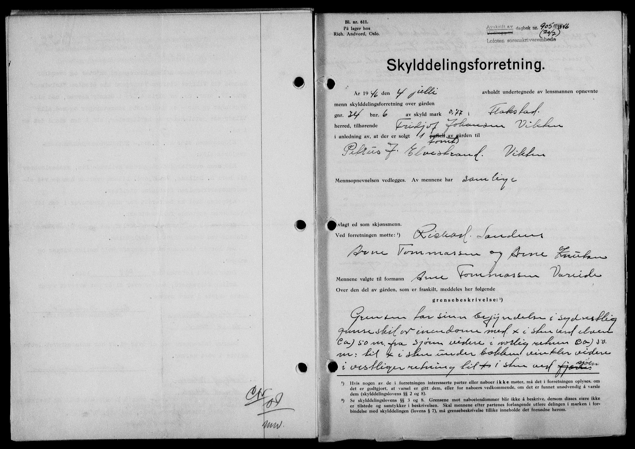 Lofoten sorenskriveri, SAT/A-0017/1/2/2C/L0014a: Pantebok nr. 14a, 1946-1946, Dagboknr: 905/1946