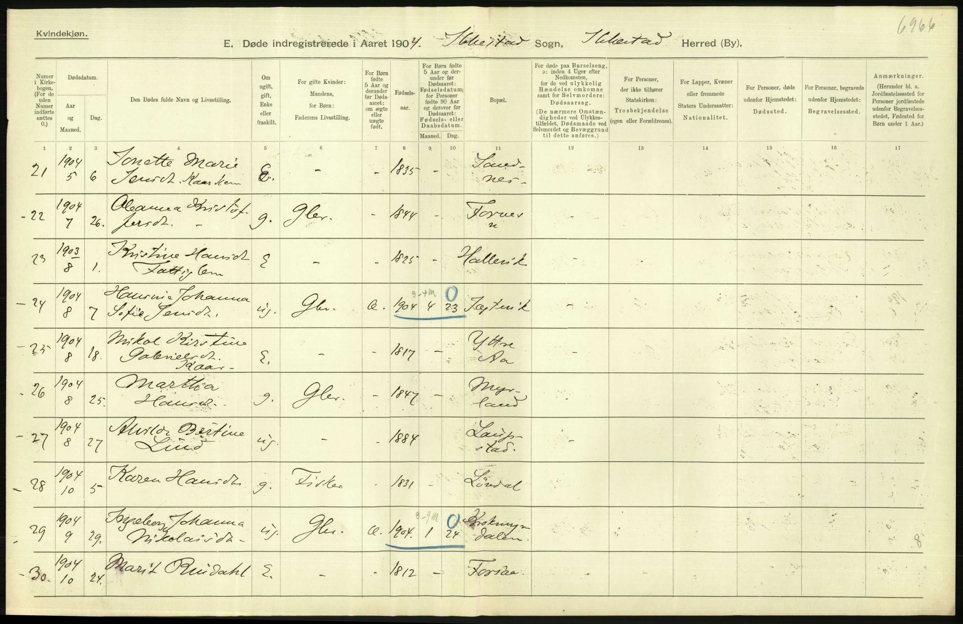 Statistisk sentralbyrå, Sosiodemografiske emner, Befolkning, RA/S-2228/D/Df/Dfa/Dfab/L0022: Tromsø amt: Fødte, gifte, døde, 1904, s. 516