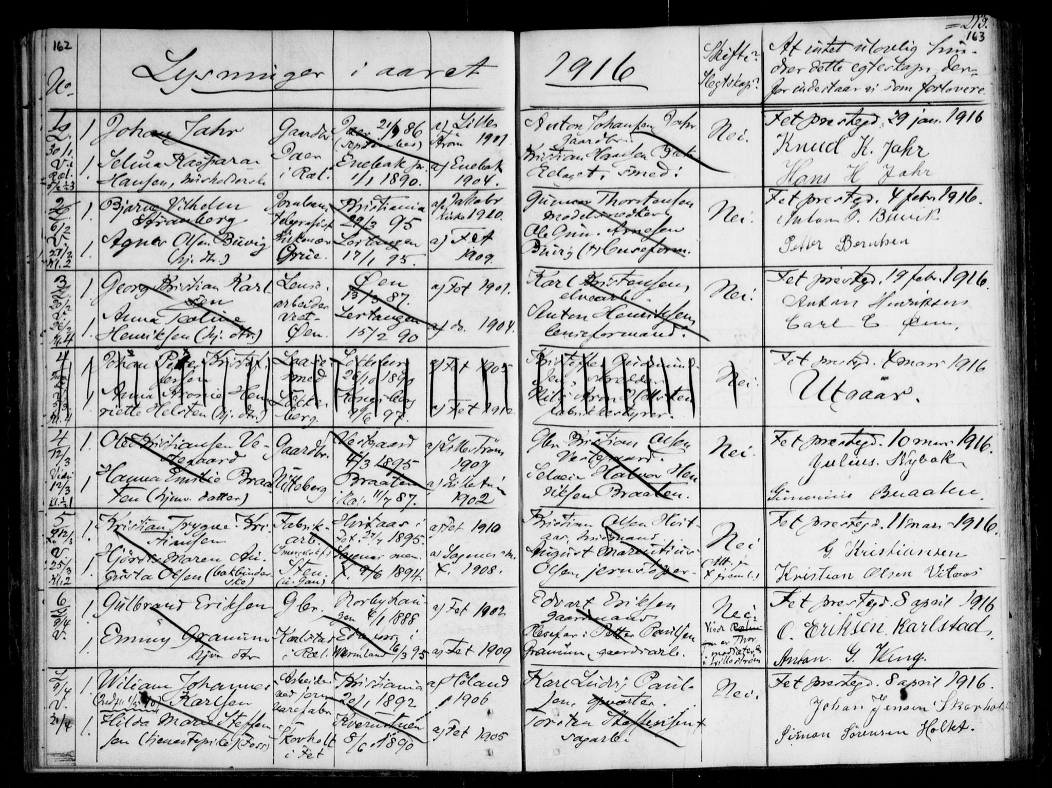 Fet prestekontor Kirkebøker, AV/SAO-A-10370a/H/Ha/L0001: Lysningsprotokoll nr. 1, 1906-1919, s. 162-163