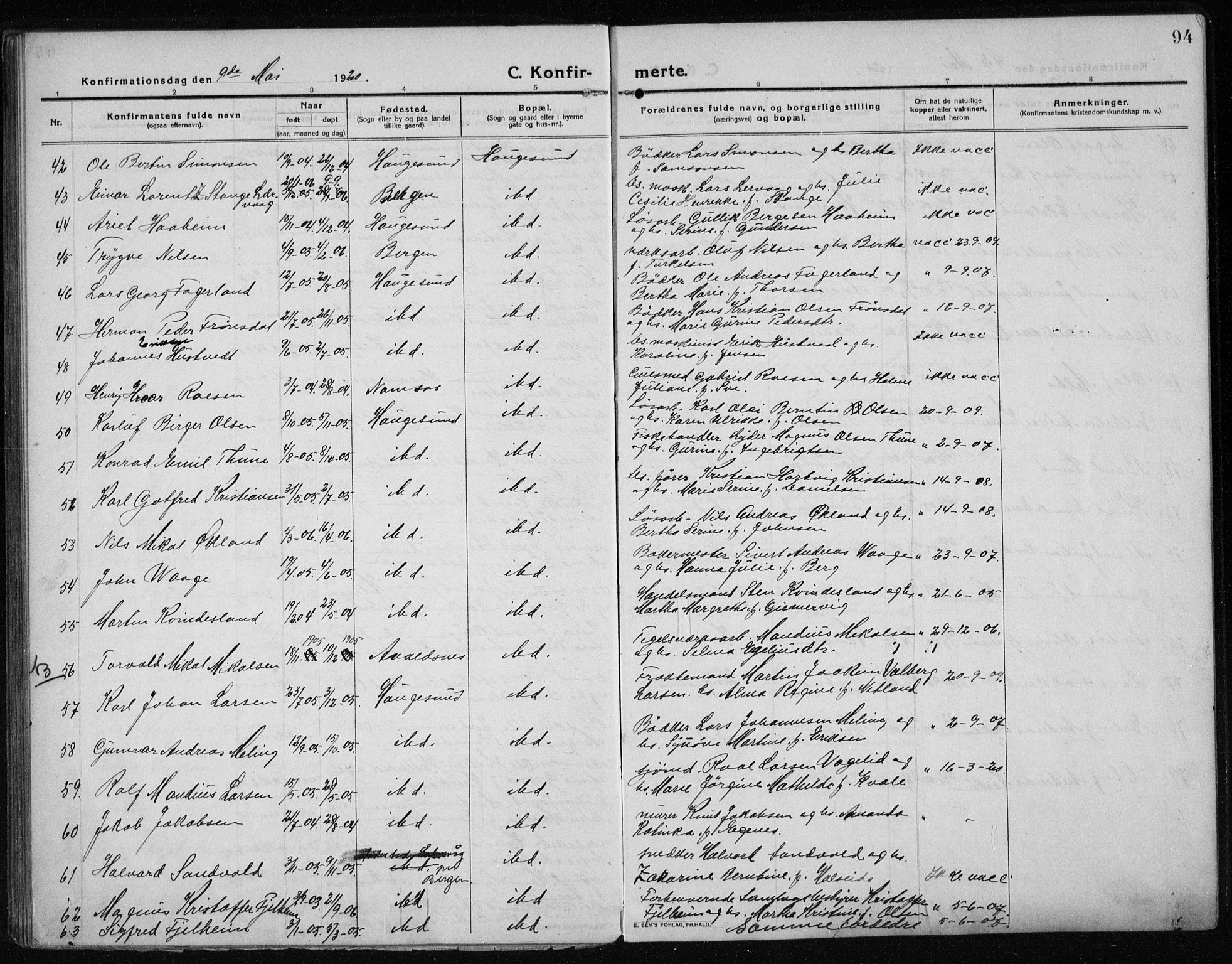 Haugesund sokneprestkontor, AV/SAST-A -101863/H/Ha/Haa/L0009: Ministerialbok nr. A 9, 1914-1929, s. 94