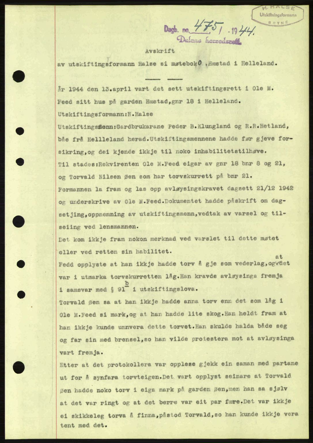 Dalane sorenskriveri, SAST/A-100309/02/G/Gb/L0047: Pantebok nr. A8 I, 1944-1945, Dagboknr: 475/1944