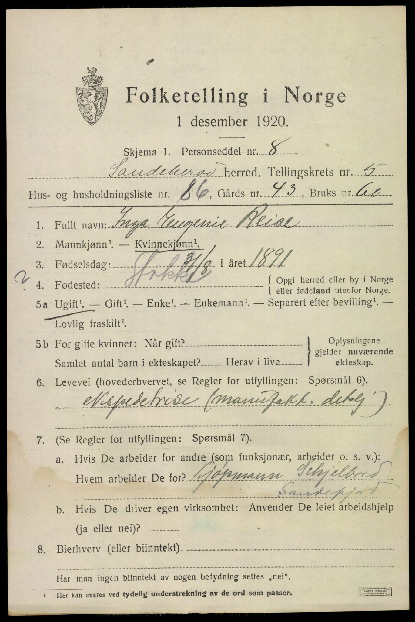 SAKO, Folketelling 1920 for 0724 Sandeherred herred, 1920, s. 9230