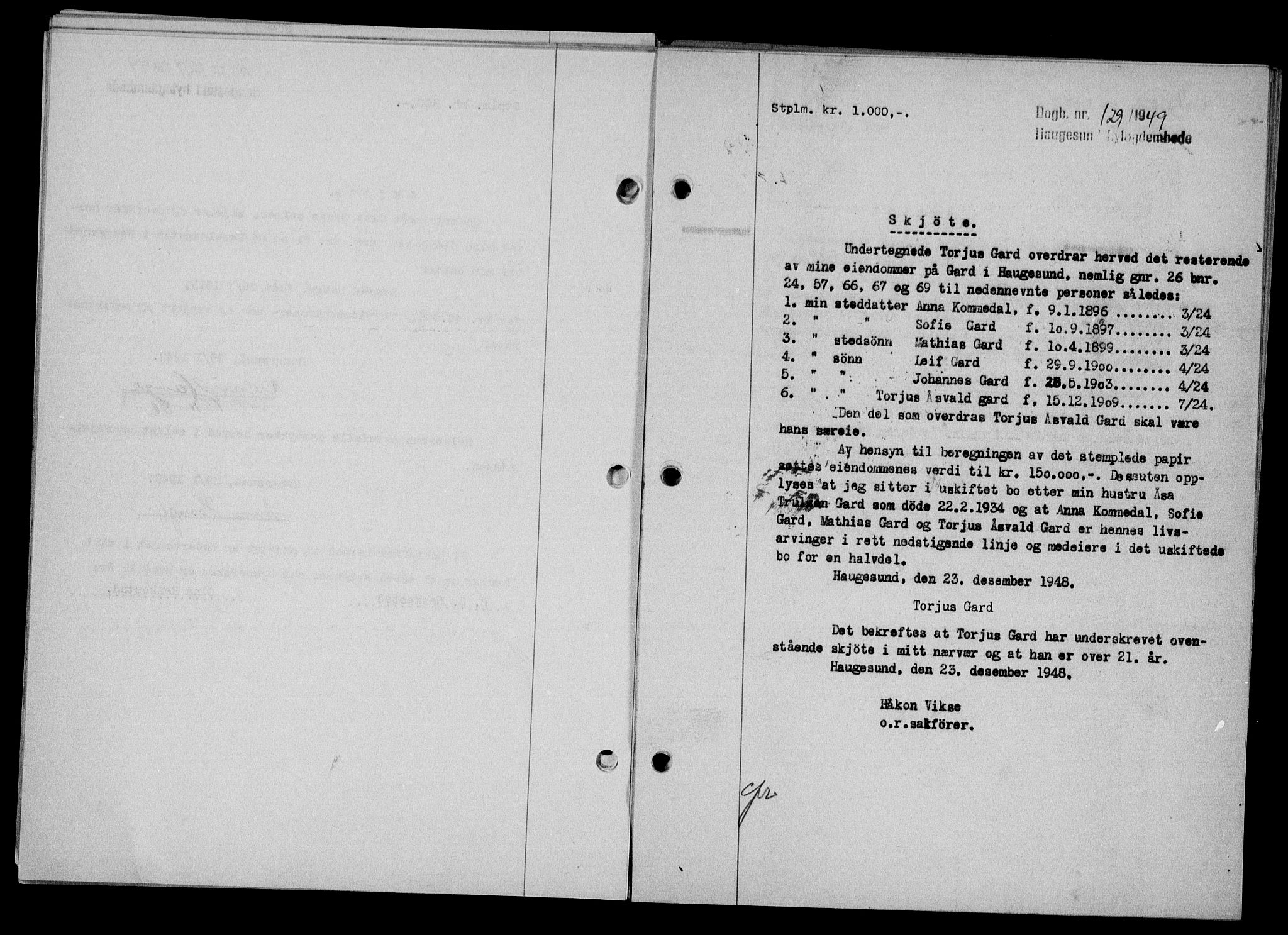 Haugesund tingrett, SAST/A-101415/01/II/IIC/L0063: Pantebok nr. A 4, 1946-1948, Dagboknr: 129/1949