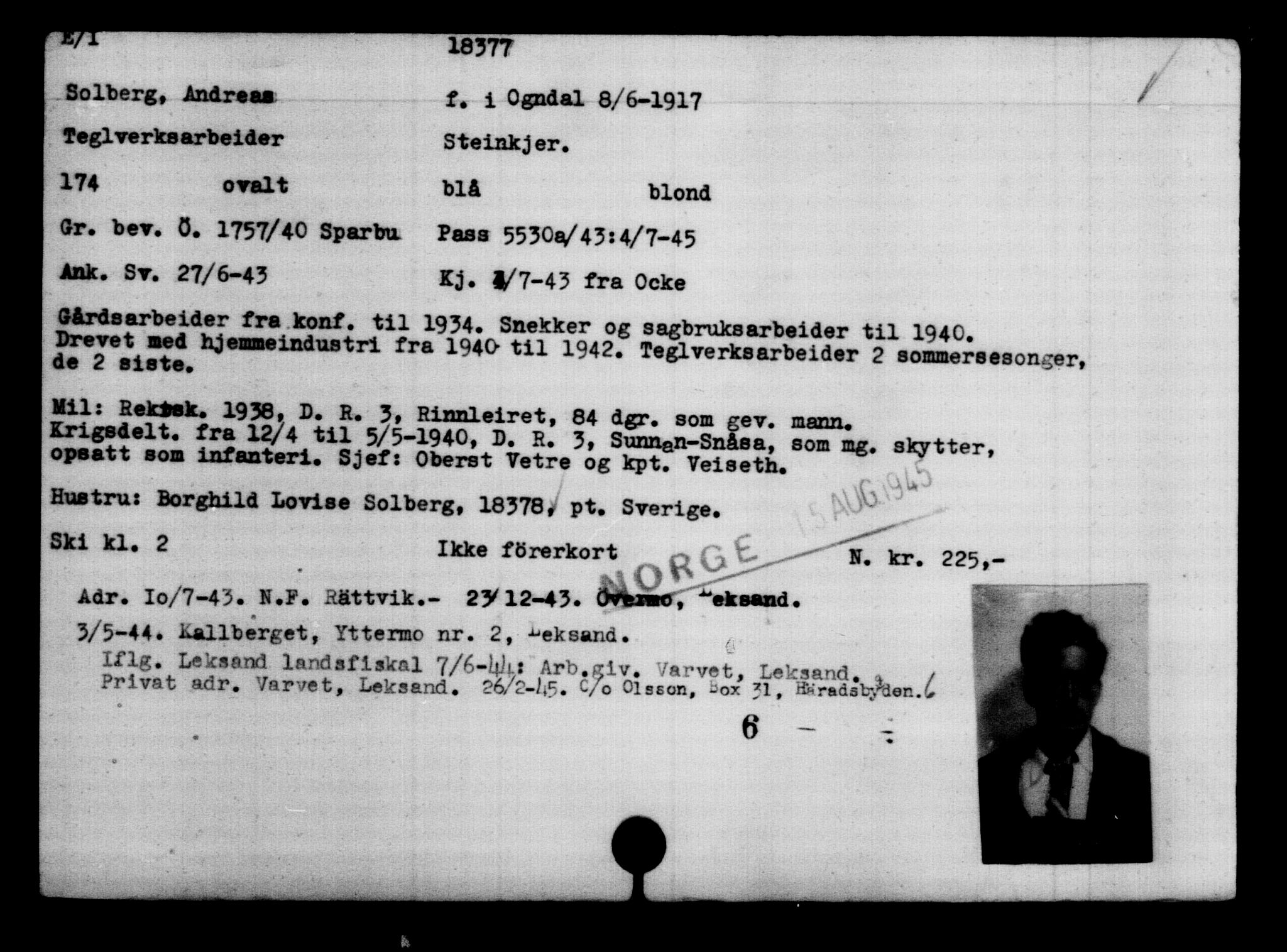 Utenriksstasjonene, Legasjonen i Stockholm, Flyktningkontoret, AV/RA-S-6753/V/Va/L0008: Kjesäterkartoteket, flyktninger med registreringsnr. 15700-18547, 1940-1945, s. 3016