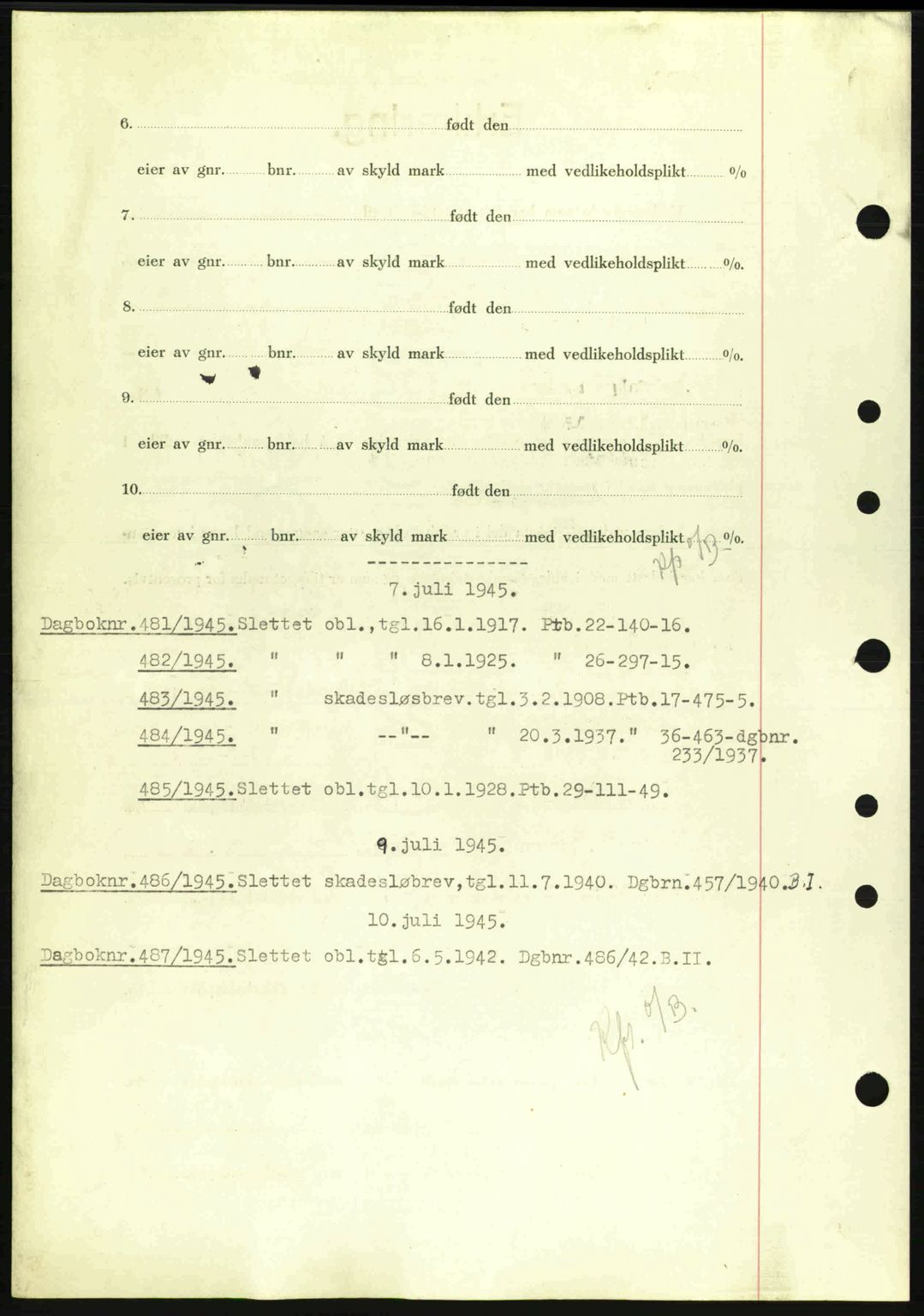 Nedenes sorenskriveri, SAK/1221-0006/G/Gb/Gba/L0052: Pantebok nr. A6a, 1944-1945, Dagboknr: 480/1945