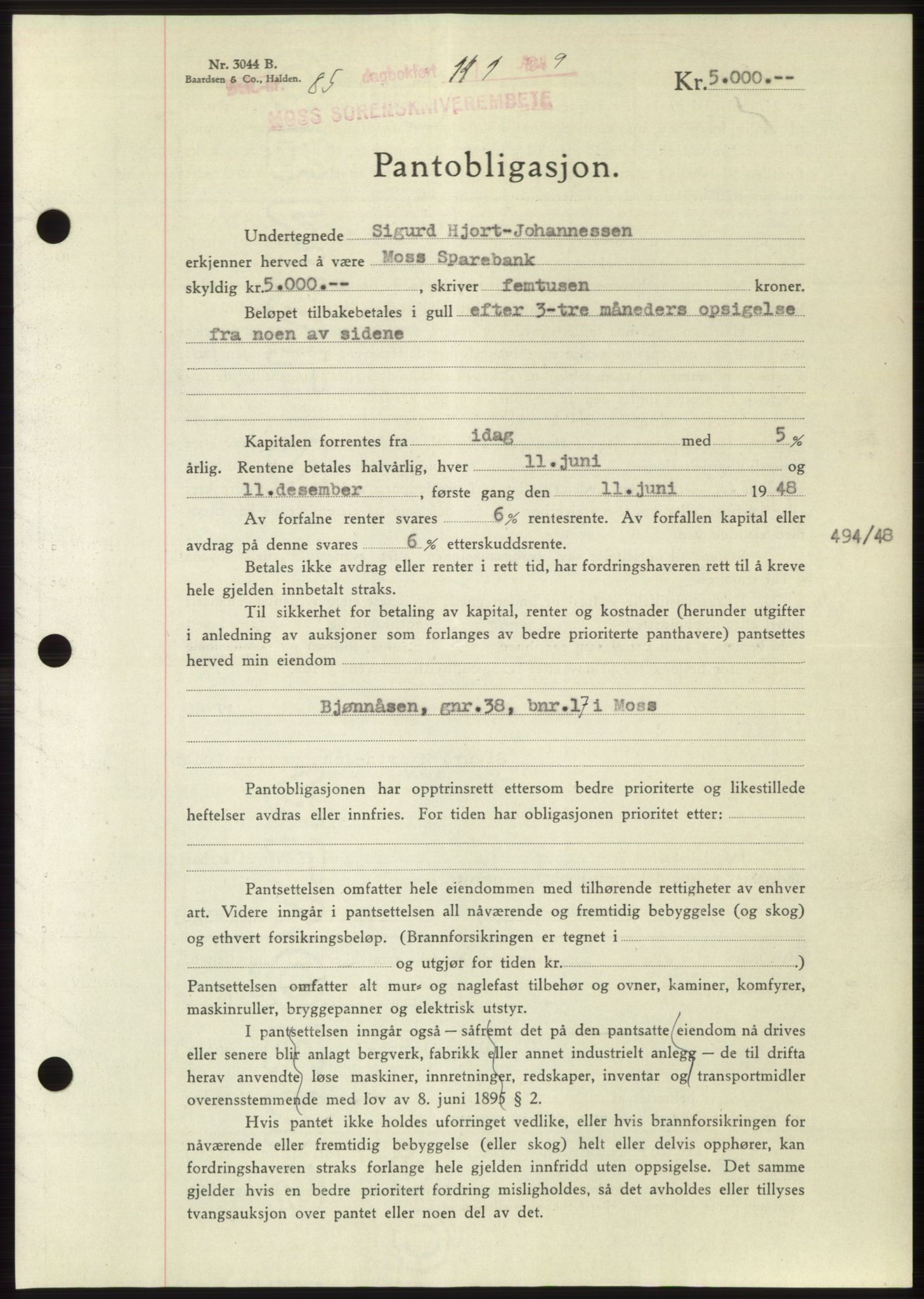 Moss sorenskriveri, SAO/A-10168: Pantebok nr. B21, 1949-1949, Dagboknr: 85/1949