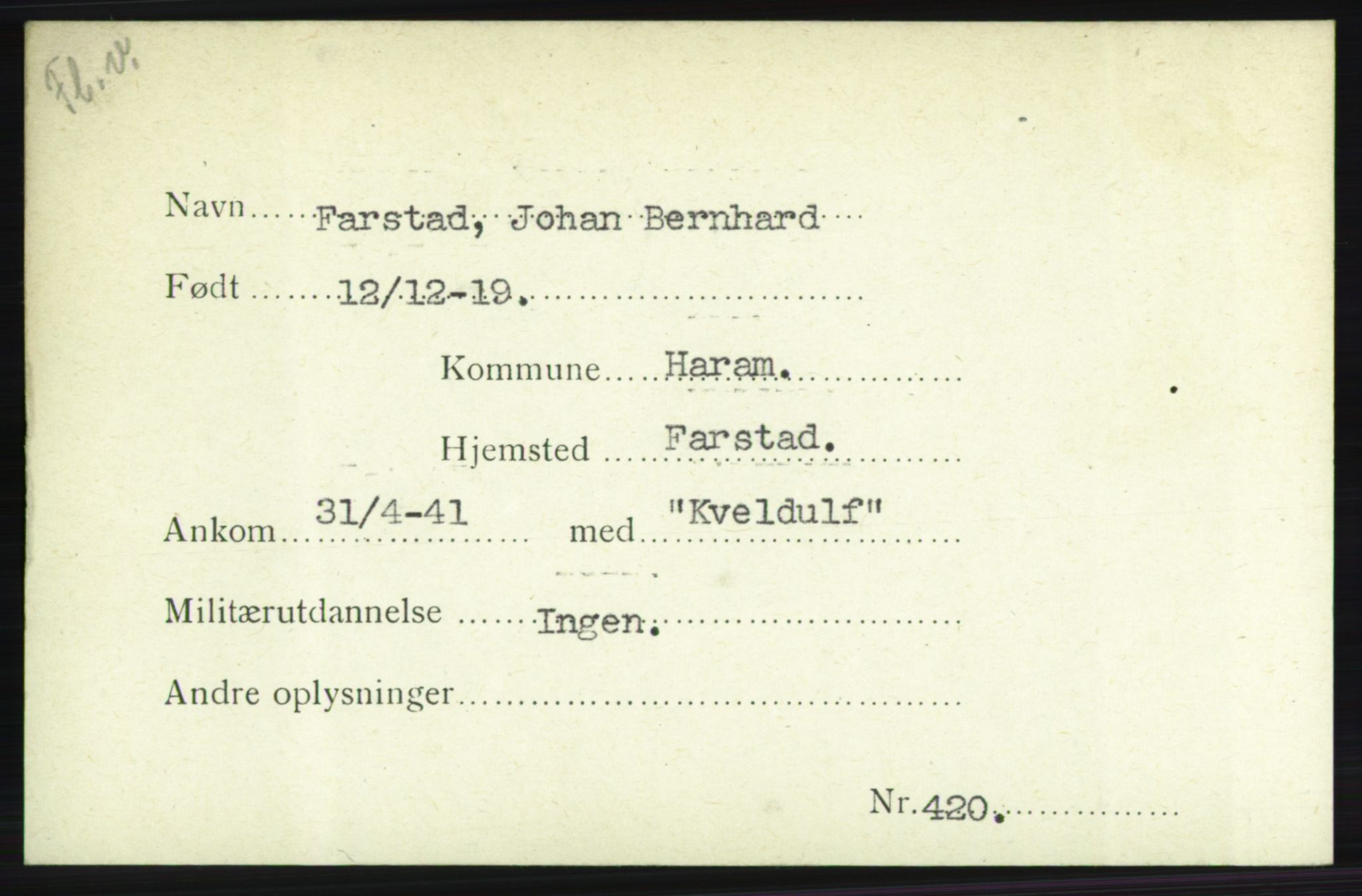 Forsvarets Overkommando. 2. kontor. Arkiv 8.1. Mottakersentralen FDE og FO.II, RA/RAFA-6952/P/Pa/L0005b: Eriksen - Fjellvang, 1940-1945, s. 251