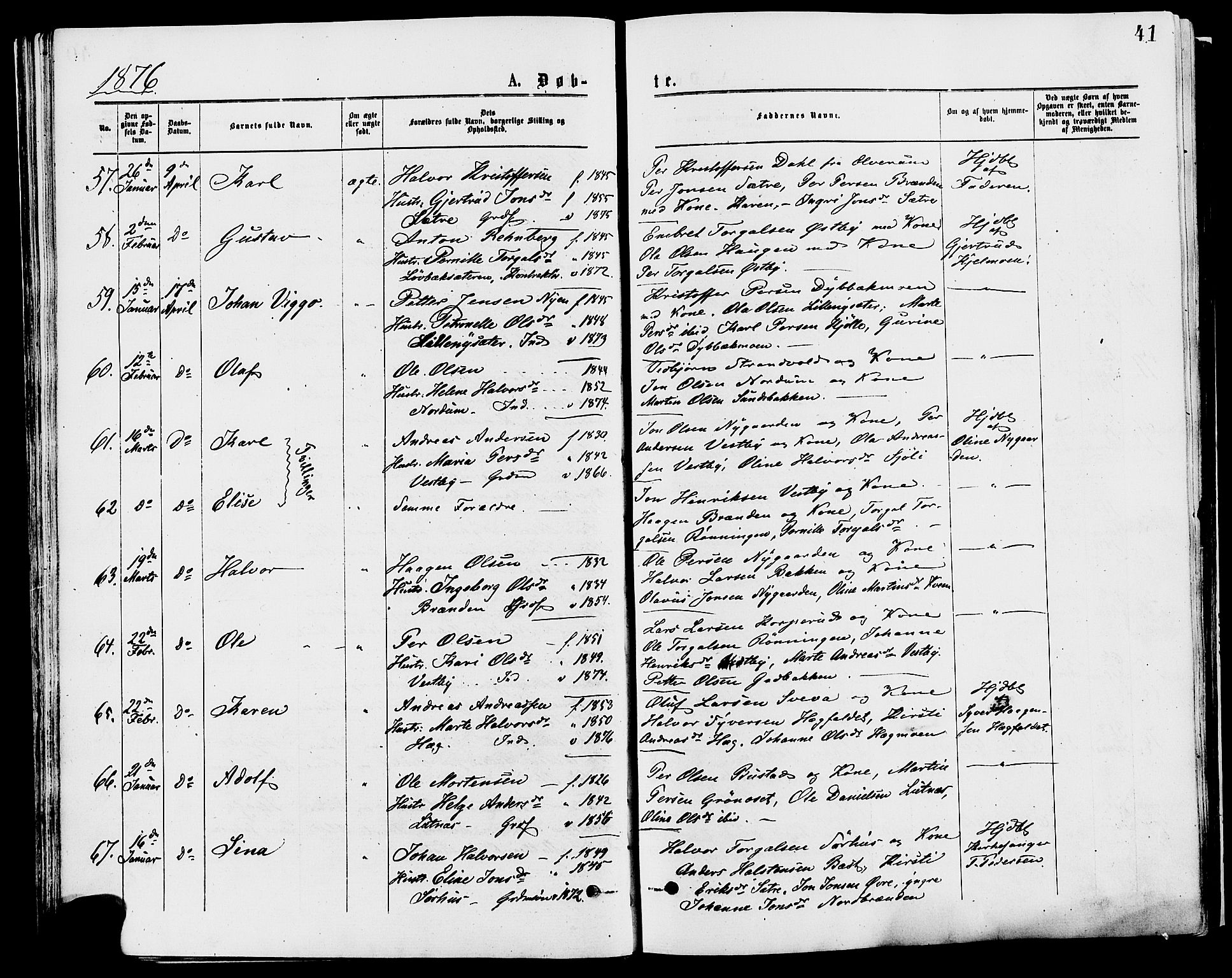 Trysil prestekontor, AV/SAH-PREST-046/H/Ha/Haa/L0007: Ministerialbok nr. 7, 1874-1880, s. 41