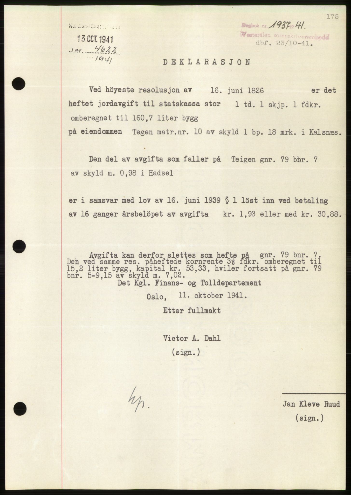 Vesterålen sorenskriveri, AV/SAT-A-4180/1/2/2Ca: Pantebok nr. B11-14, 1941-1946, Dagboknr: 1937/1941