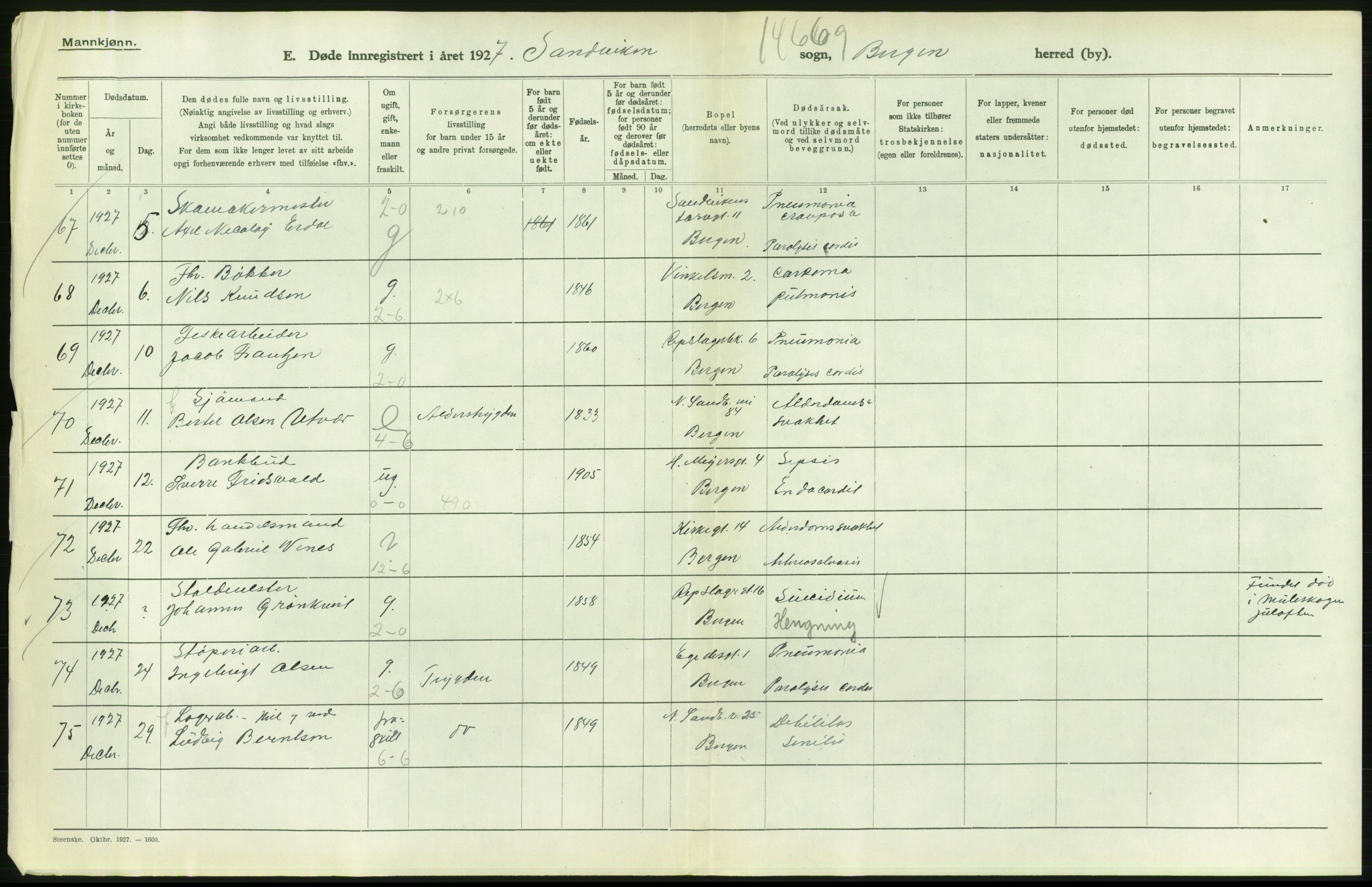 Statistisk sentralbyrå, Sosiodemografiske emner, Befolkning, RA/S-2228/D/Df/Dfc/Dfcg/L0028: Bergen: Gifte, døde., 1927, s. 706