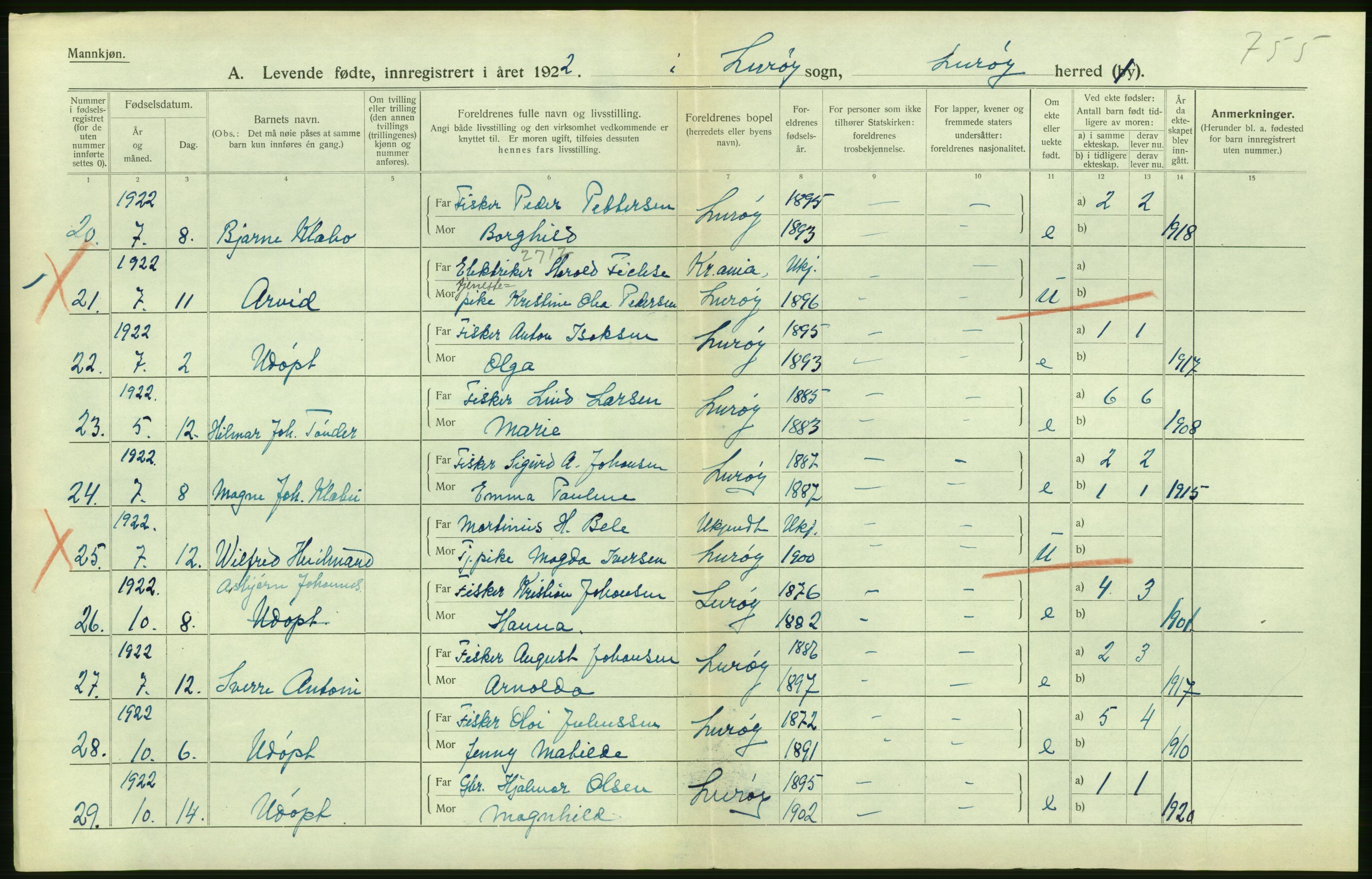 Statistisk sentralbyrå, Sosiodemografiske emner, Befolkning, AV/RA-S-2228/D/Df/Dfc/Dfcb/L0044: Nordland fylke: Levendefødte menn og kvinner. Bygder og byer., 1922, s. 298