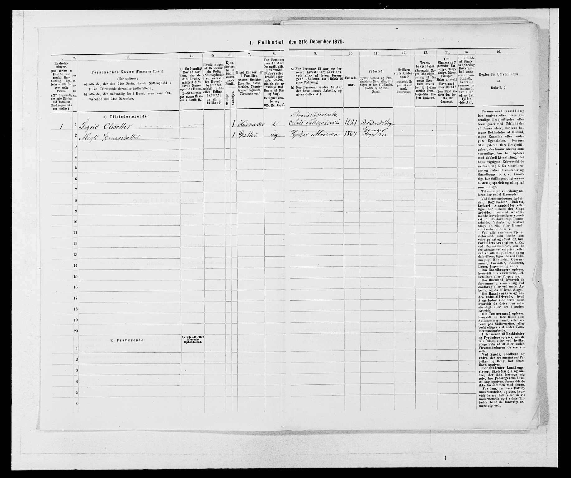 SAB, Folketelling 1875 for 1235P Voss prestegjeld, 1875, s. 1707