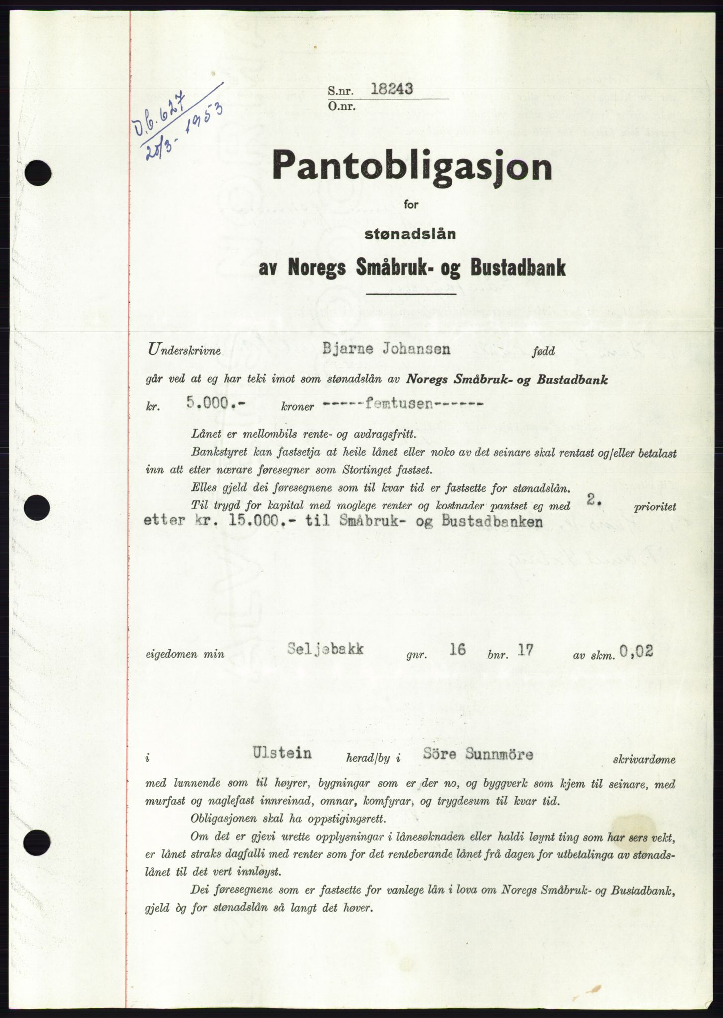Søre Sunnmøre sorenskriveri, SAT/A-4122/1/2/2C/L0123: Pantebok nr. 11B, 1953-1953, Dagboknr: 627/1953