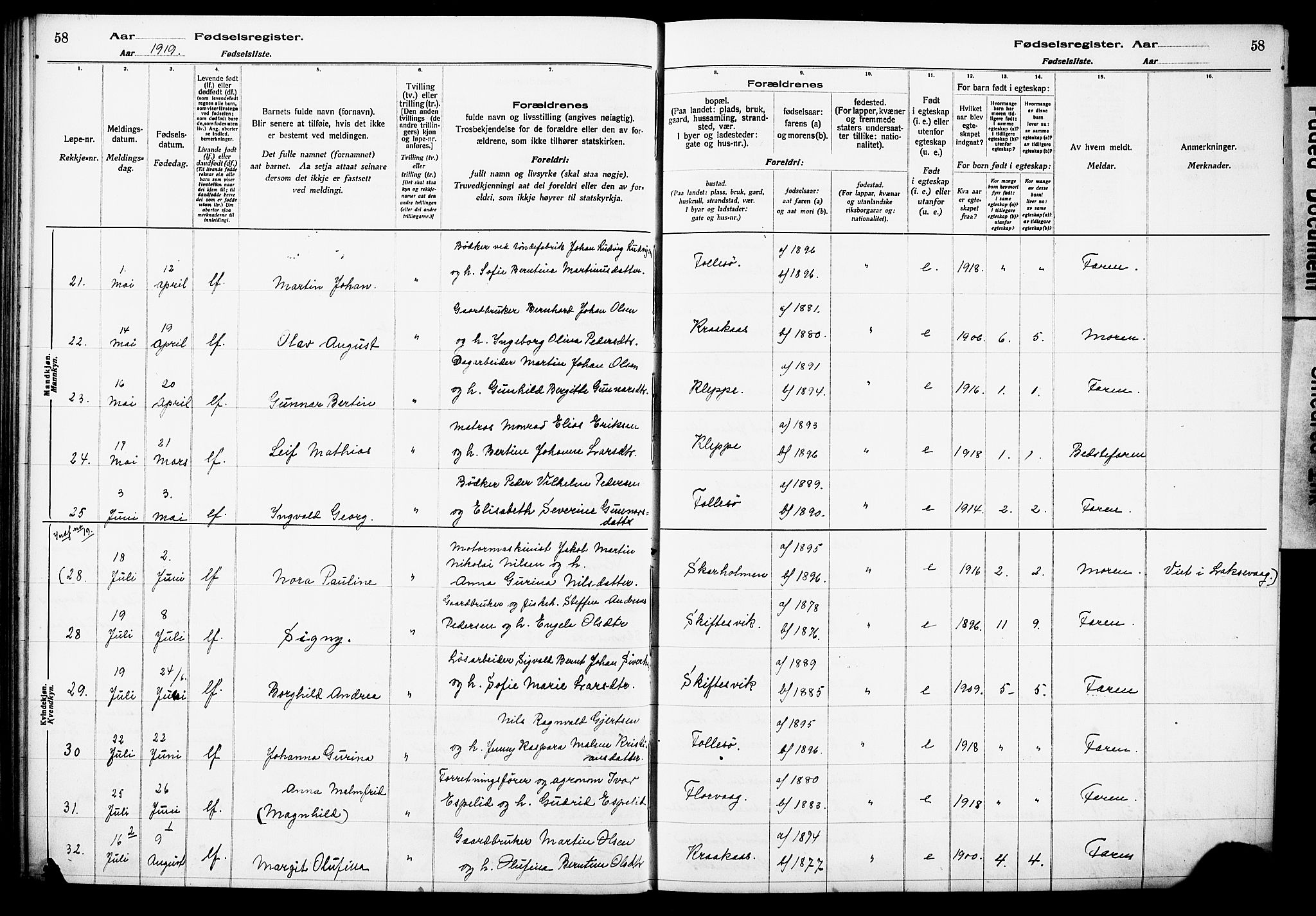 Askøy Sokneprestembete, SAB/A-74101/I/Id/L00A1: Fødselsregister nr. A 1, 1916-1928, s. 58