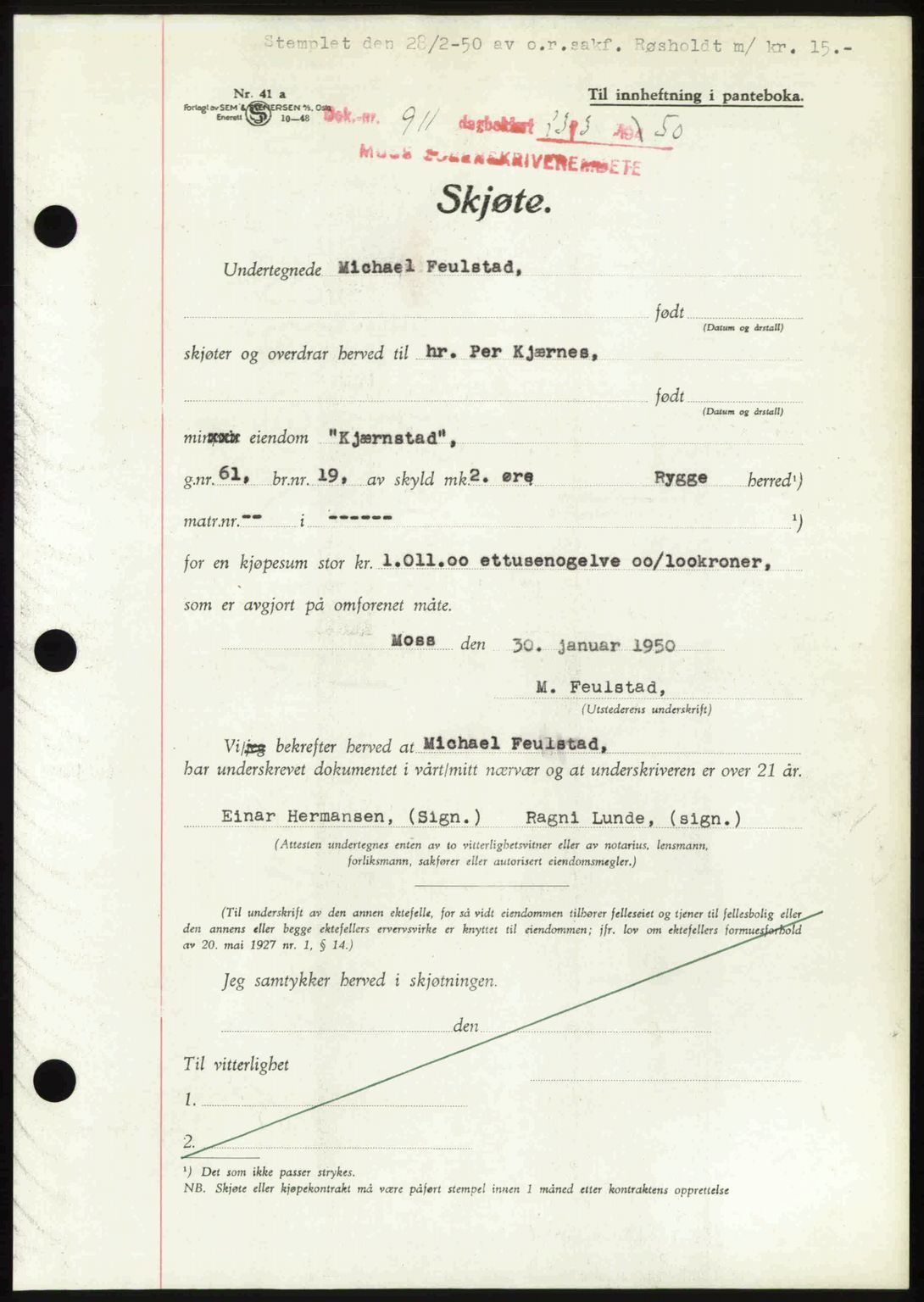 Moss sorenskriveri, SAO/A-10168: Pantebok nr. A25, 1950-1950, Dagboknr: 911/1950