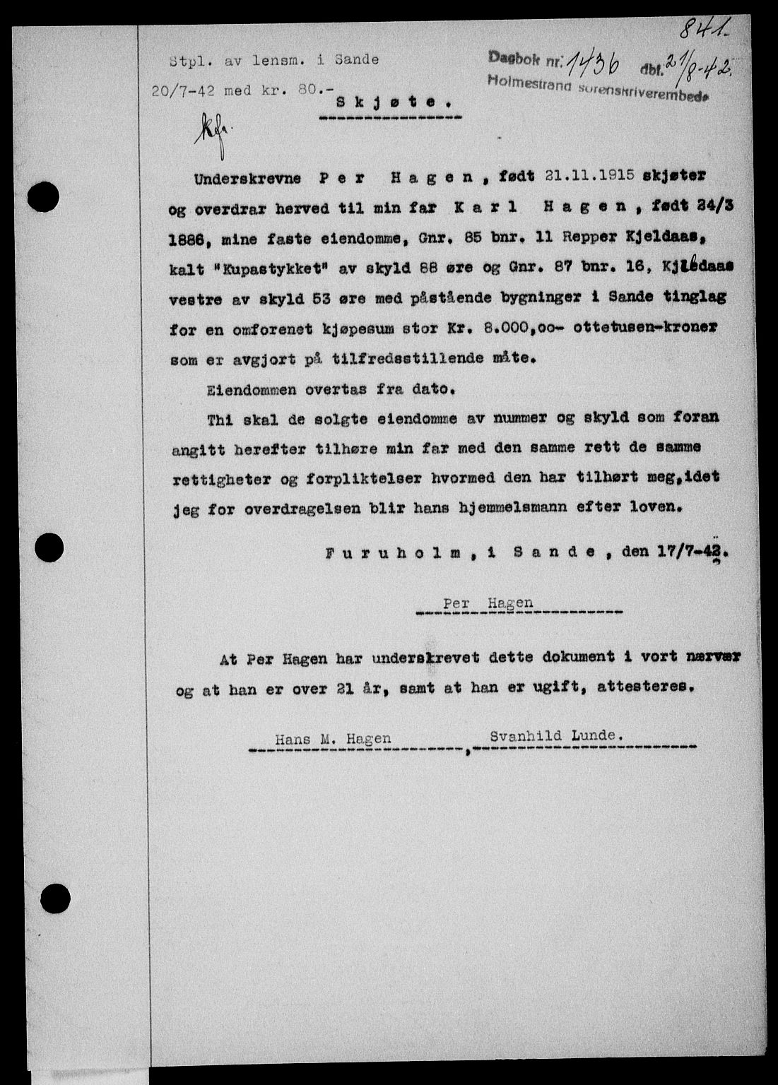 Holmestrand sorenskriveri, SAKO/A-67/G/Ga/Gaa/L0055: Pantebok nr. A-55, 1942-1942, Dagboknr: 1436/1942