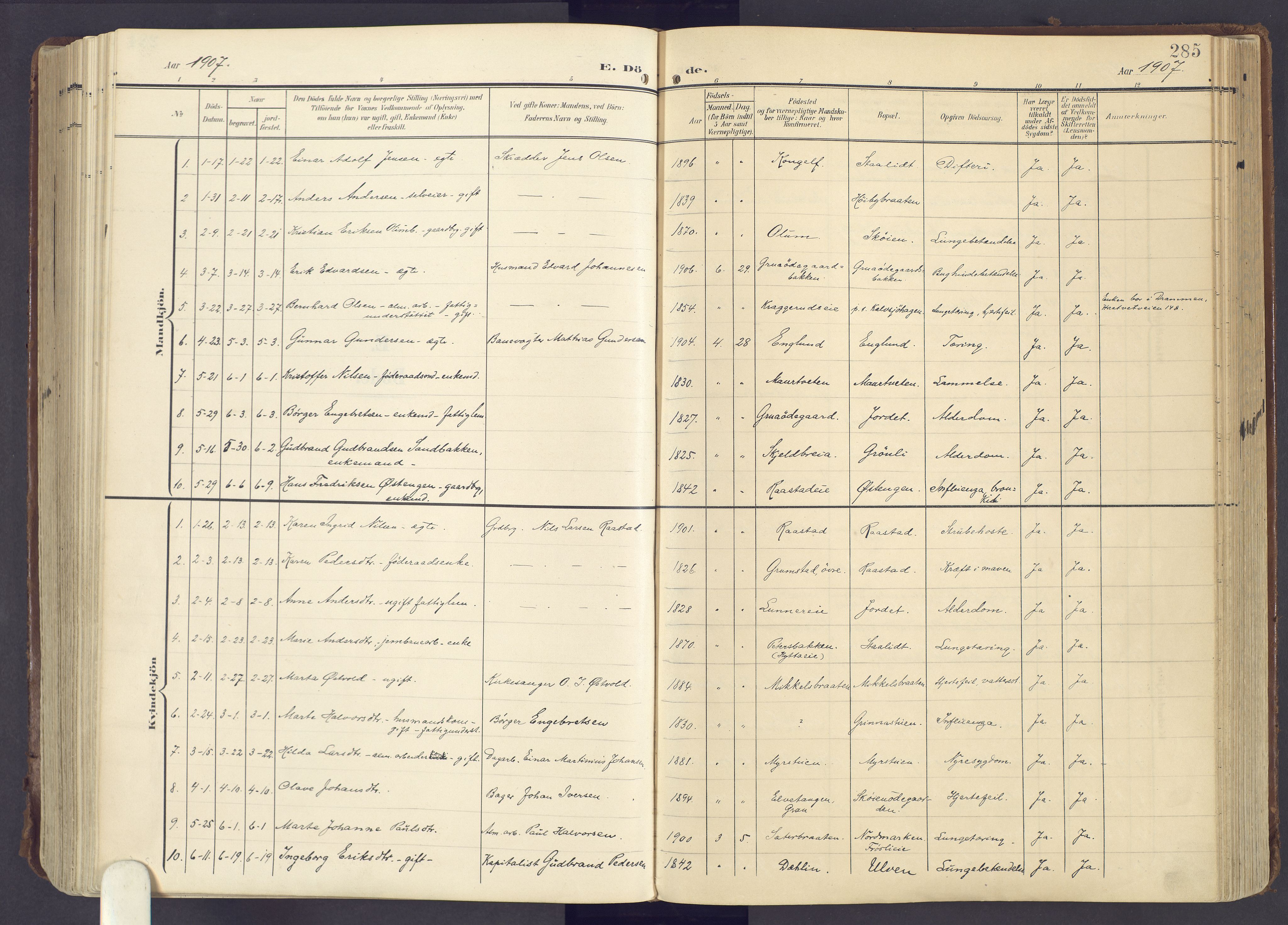 Lunner prestekontor, AV/SAH-PREST-118/H/Ha/Haa/L0001: Ministerialbok nr. 1, 1907-1922, s. 285