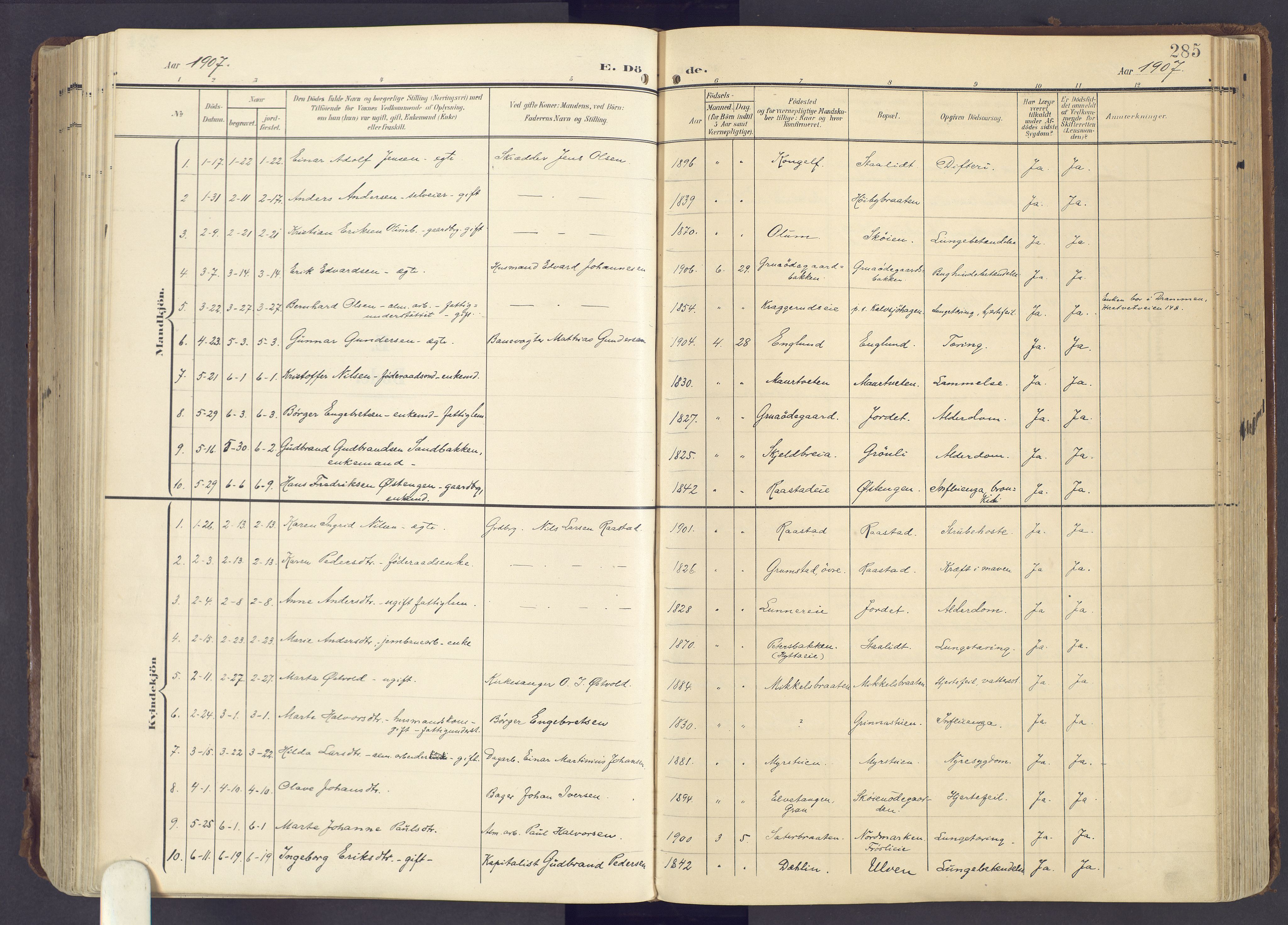 Lunner prestekontor, SAH/PREST-118/H/Ha/Haa/L0001: Ministerialbok nr. 1, 1907-1922, s. 285