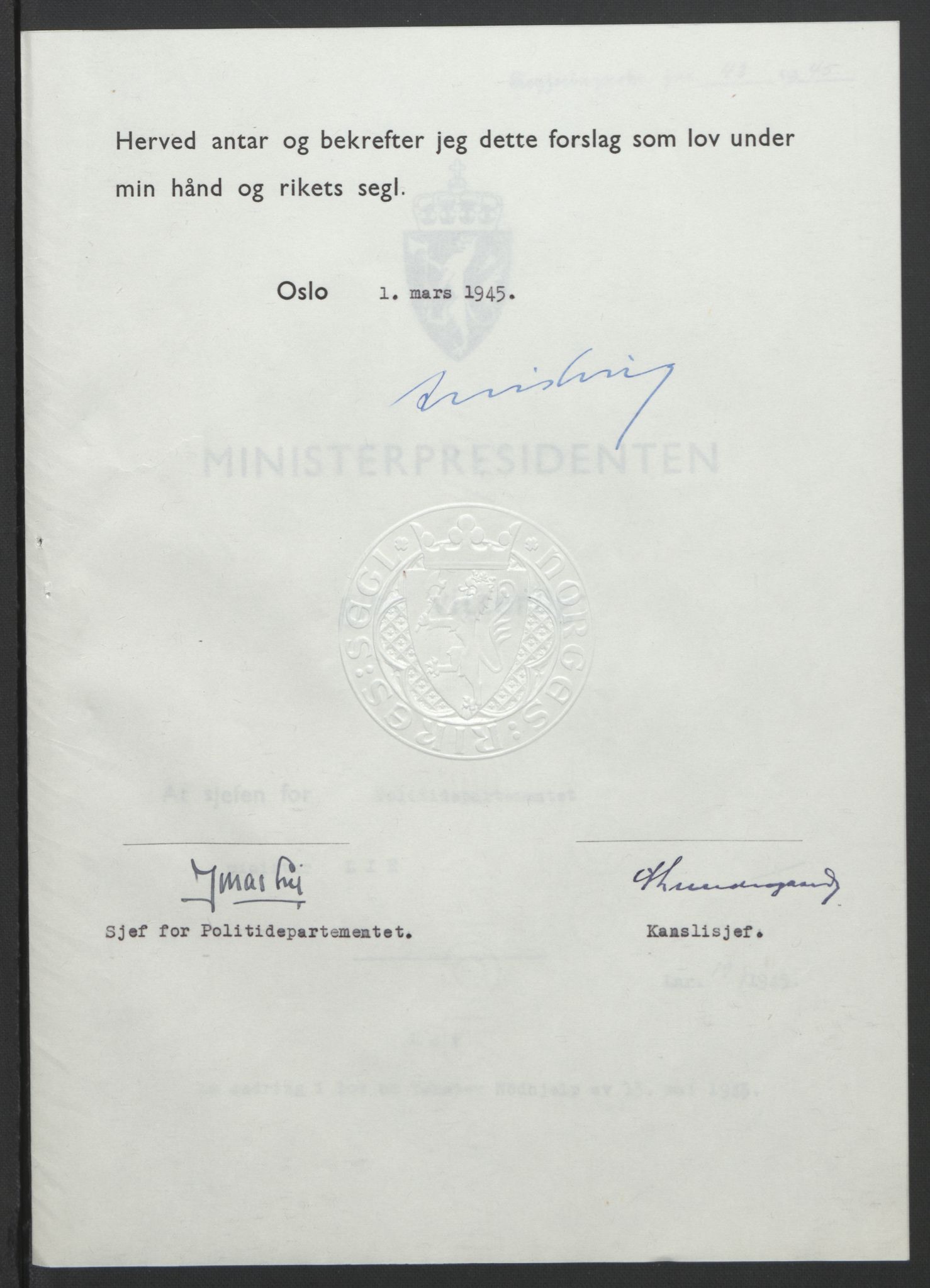 NS-administrasjonen 1940-1945 (Statsrådsekretariatet, de kommisariske statsråder mm), AV/RA-S-4279/D/Db/L0101/0001: -- / Lover og vedtak, 1945, s. 84