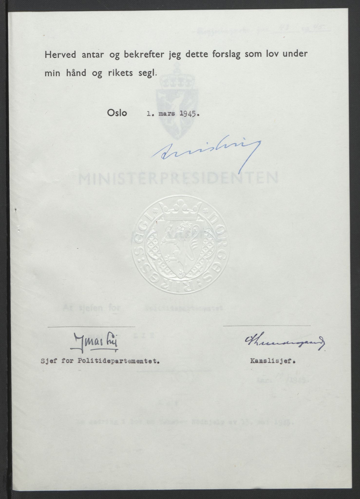 NS-administrasjonen 1940-1945 (Statsrådsekretariatet, de kommisariske statsråder mm), RA/S-4279/D/Db/L0101/0001: -- / Lover og vedtak, 1945, s. 84