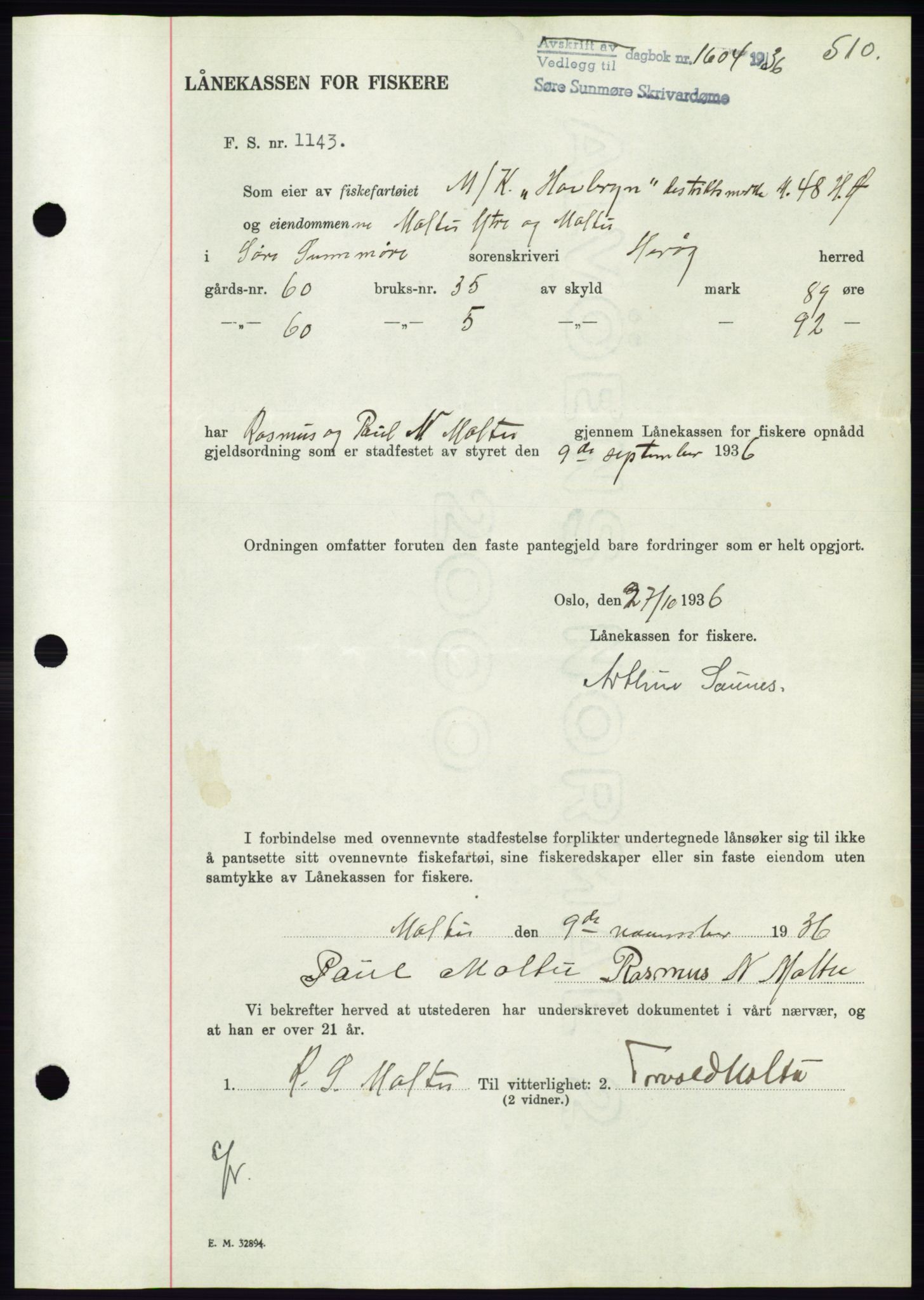 Søre Sunnmøre sorenskriveri, AV/SAT-A-4122/1/2/2C/L0061: Pantebok nr. 55, 1936-1936, Dagboknr: 1604/1936