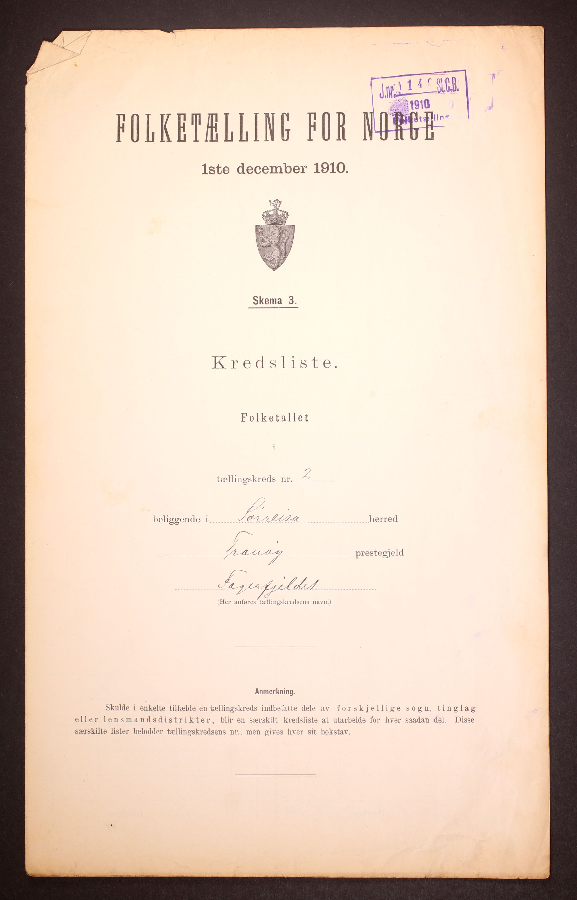 RA, Folketelling 1910 for 1925 Sørreisa herred, 1910, s. 7
