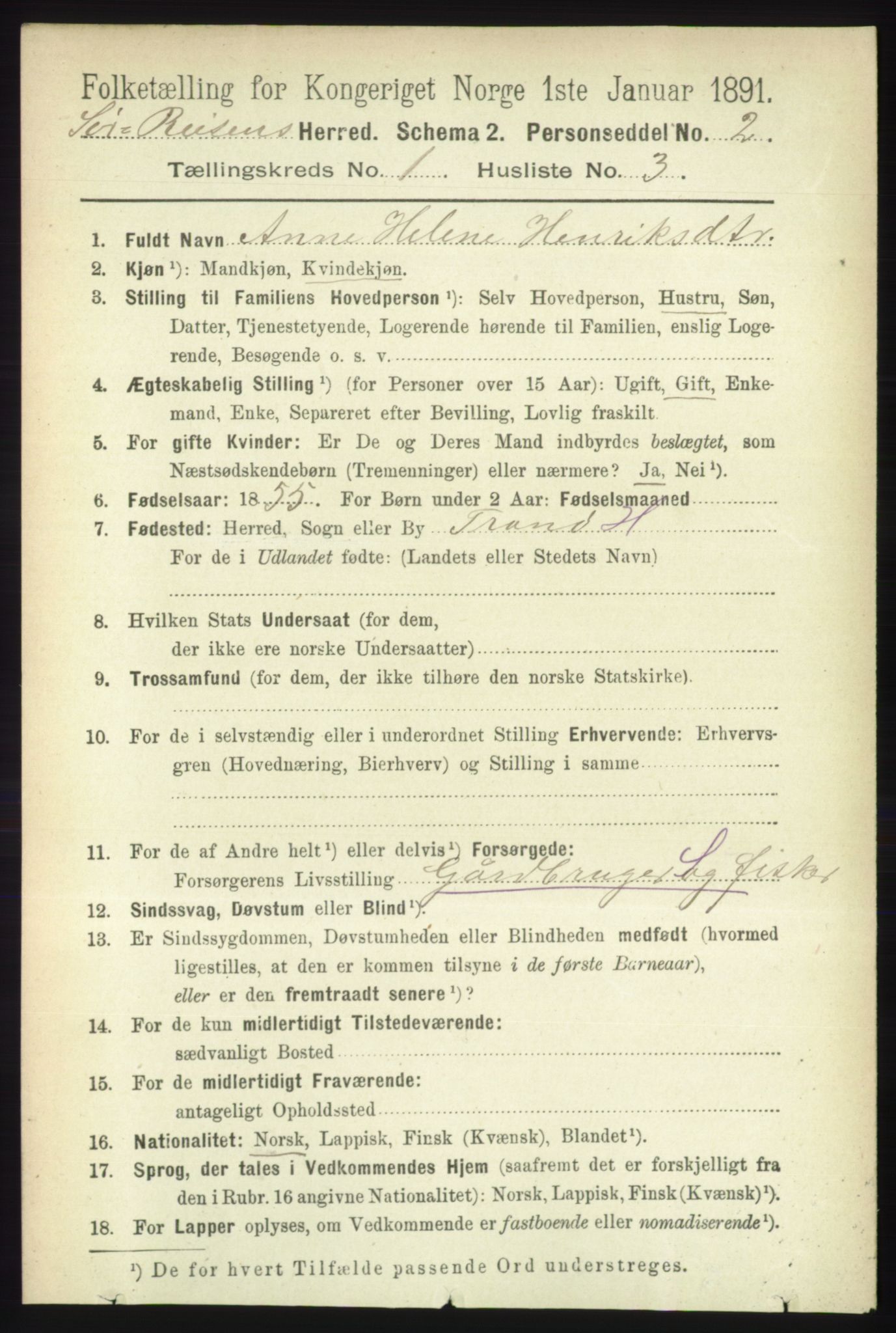 RA, Folketelling 1891 for 1925 Sørreisa herred, 1891, s. 75