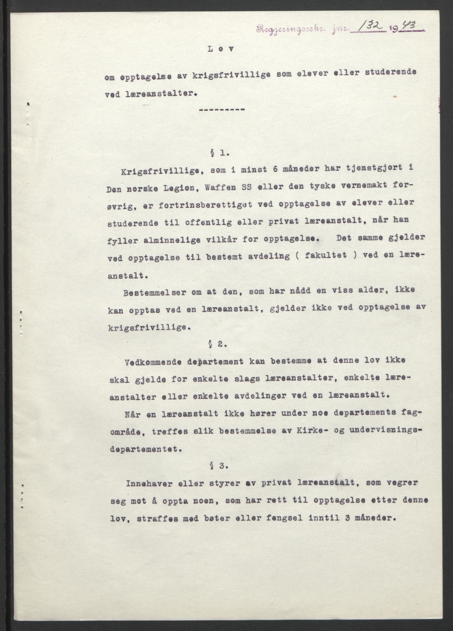 NS-administrasjonen 1940-1945 (Statsrådsekretariatet, de kommisariske statsråder mm), RA/S-4279/D/Db/L0099: Lover, 1943, s. 310