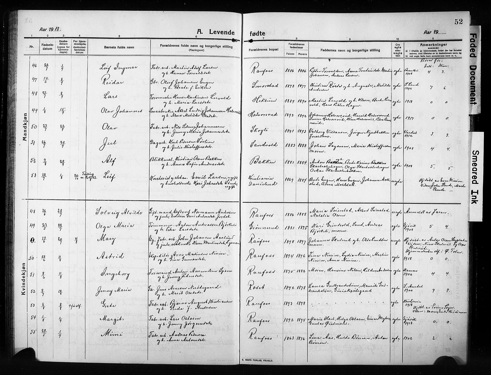 Vestre Toten prestekontor, AV/SAH-PREST-108/H/Ha/Hab/L0012: Klokkerbok nr. 12, 1909-1928, s. 52
