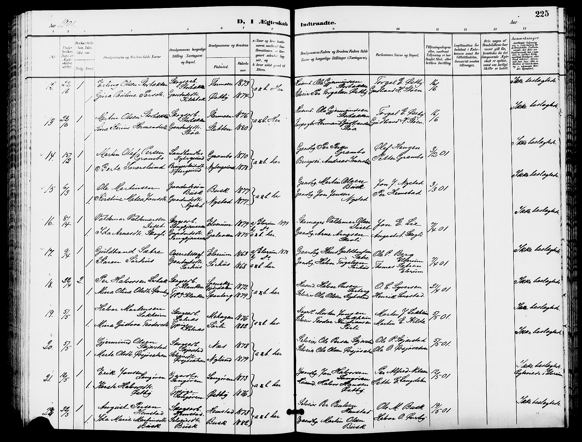 Trysil prestekontor, AV/SAH-PREST-046/H/Ha/Hab/L0006: Klokkerbok nr. 6, 1896-1912, s. 225