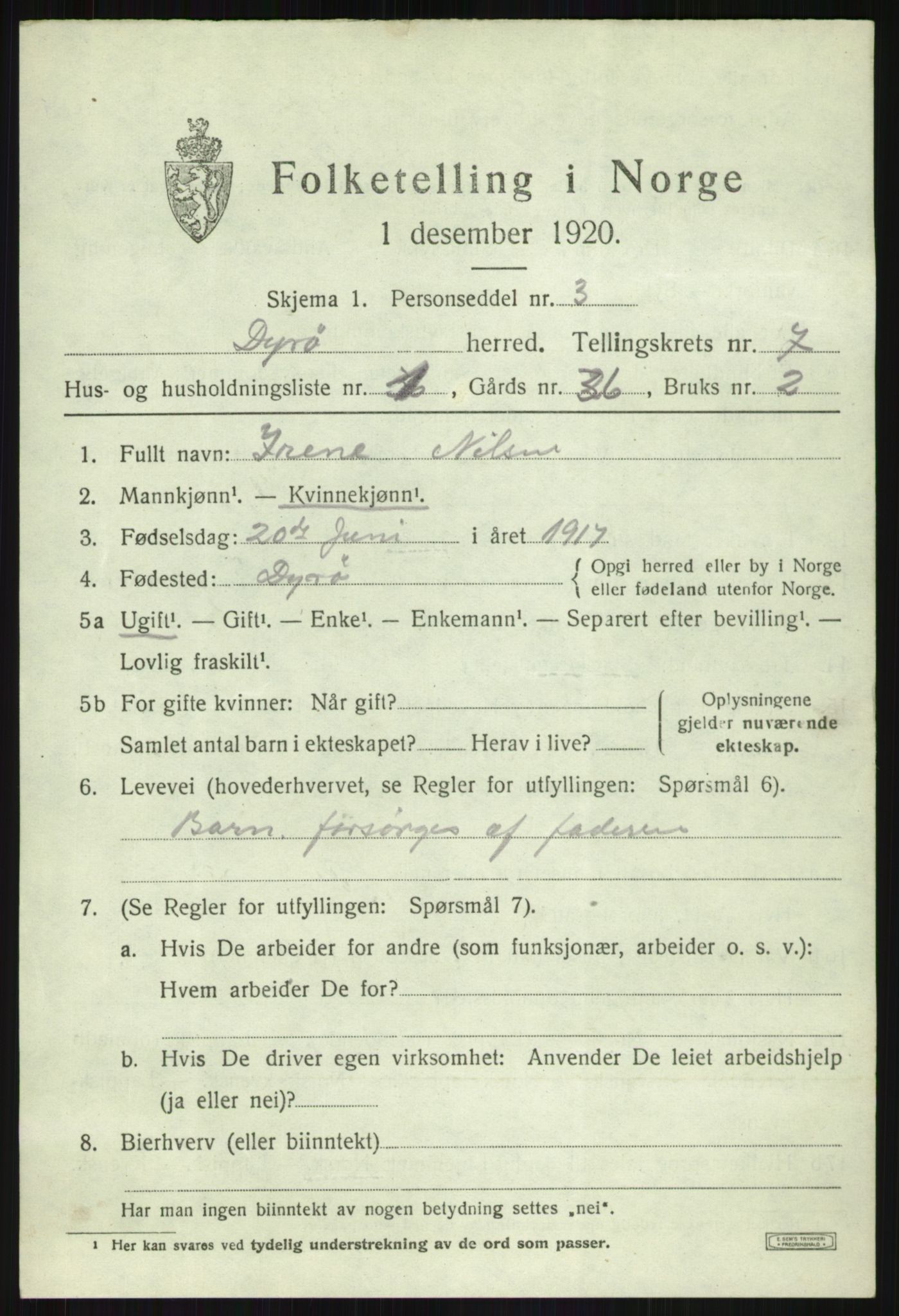 SATØ, Folketelling 1920 for 1926 Dyrøy herred, 1920, s. 3623