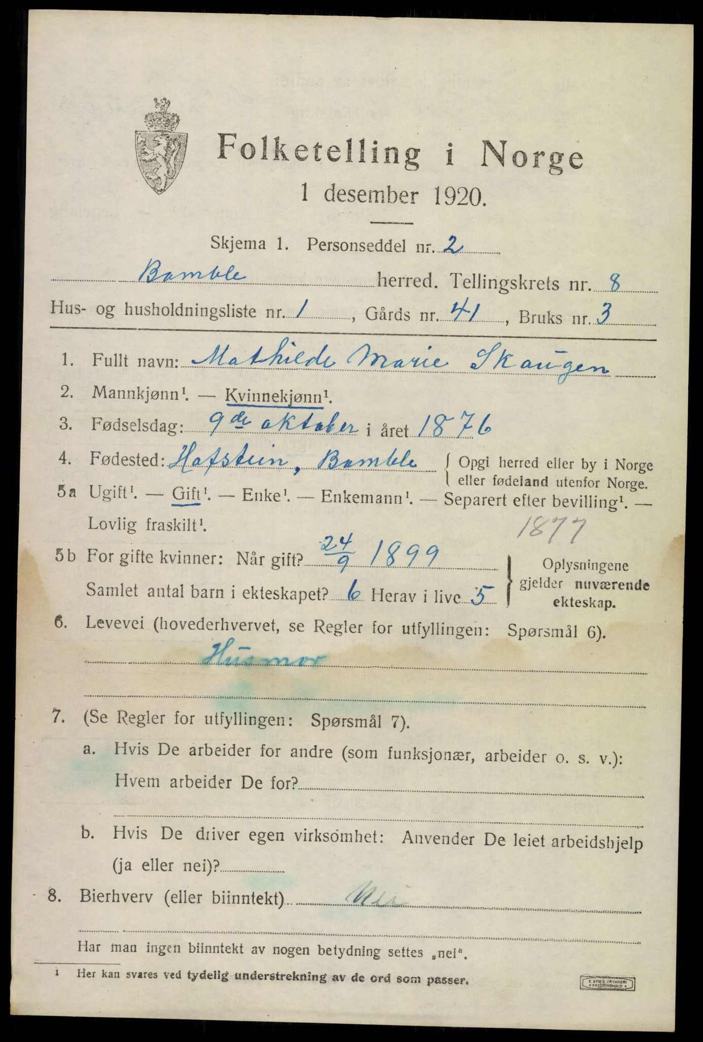 SAKO, Folketelling 1920 for 0814 Bamble herred, 1920, s. 7371