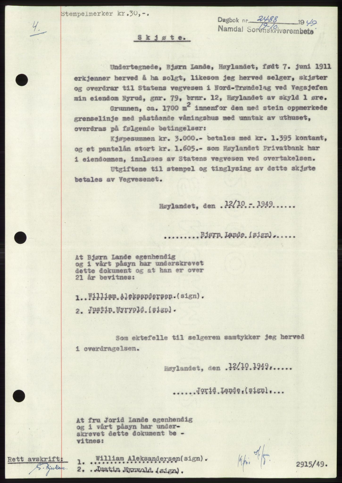 Namdal sorenskriveri, SAT/A-4133/1/2/2C: Pantebok nr. -, 1949-1949, Dagboknr: 2488/1949