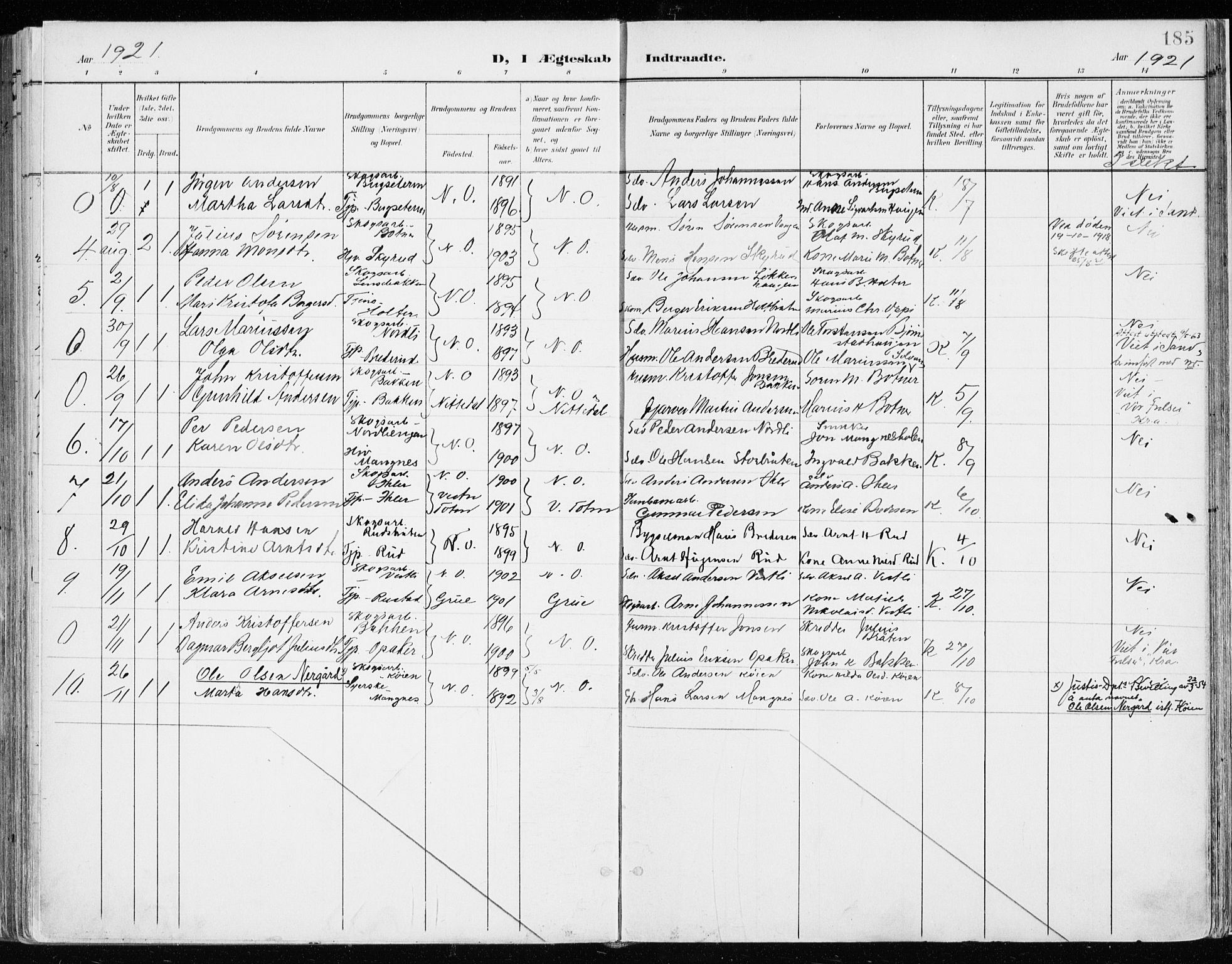 Nord-Odal prestekontor, AV/SAH-PREST-032/H/Ha/Haa/L0009: Ministerialbok nr. 9, 1902-1926, s. 185