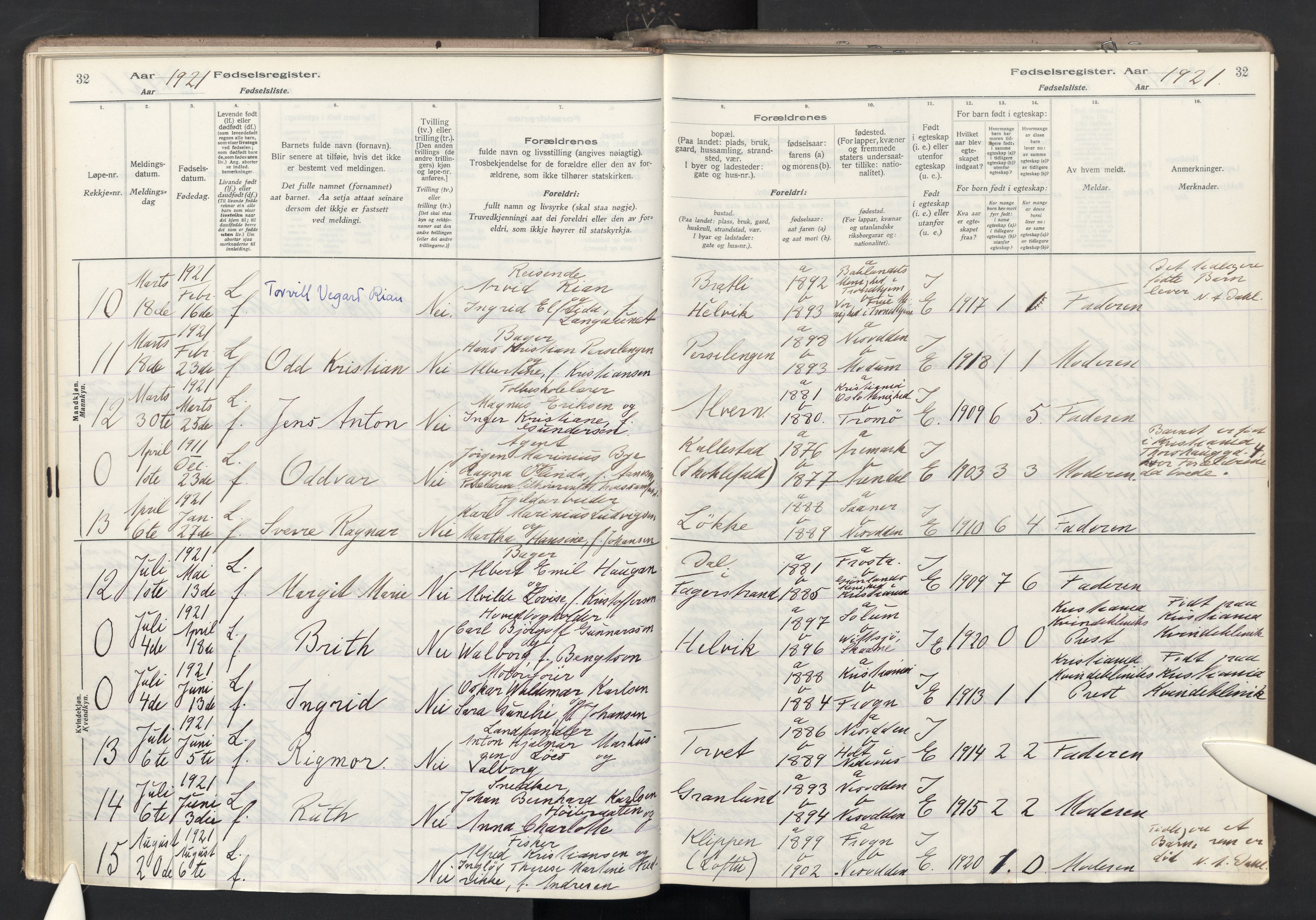 Nesodden prestekontor Kirkebøker, AV/SAO-A-10013/J/Ja/L0001: Fødselsregister nr. I 1, 1916-1946, s. 32