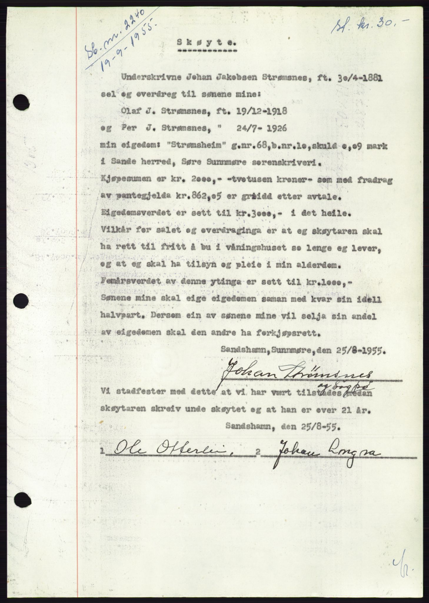 Søre Sunnmøre sorenskriveri, AV/SAT-A-4122/1/2/2C/L0101: Pantebok nr. 27A, 1955-1955, Dagboknr: 2240/1955