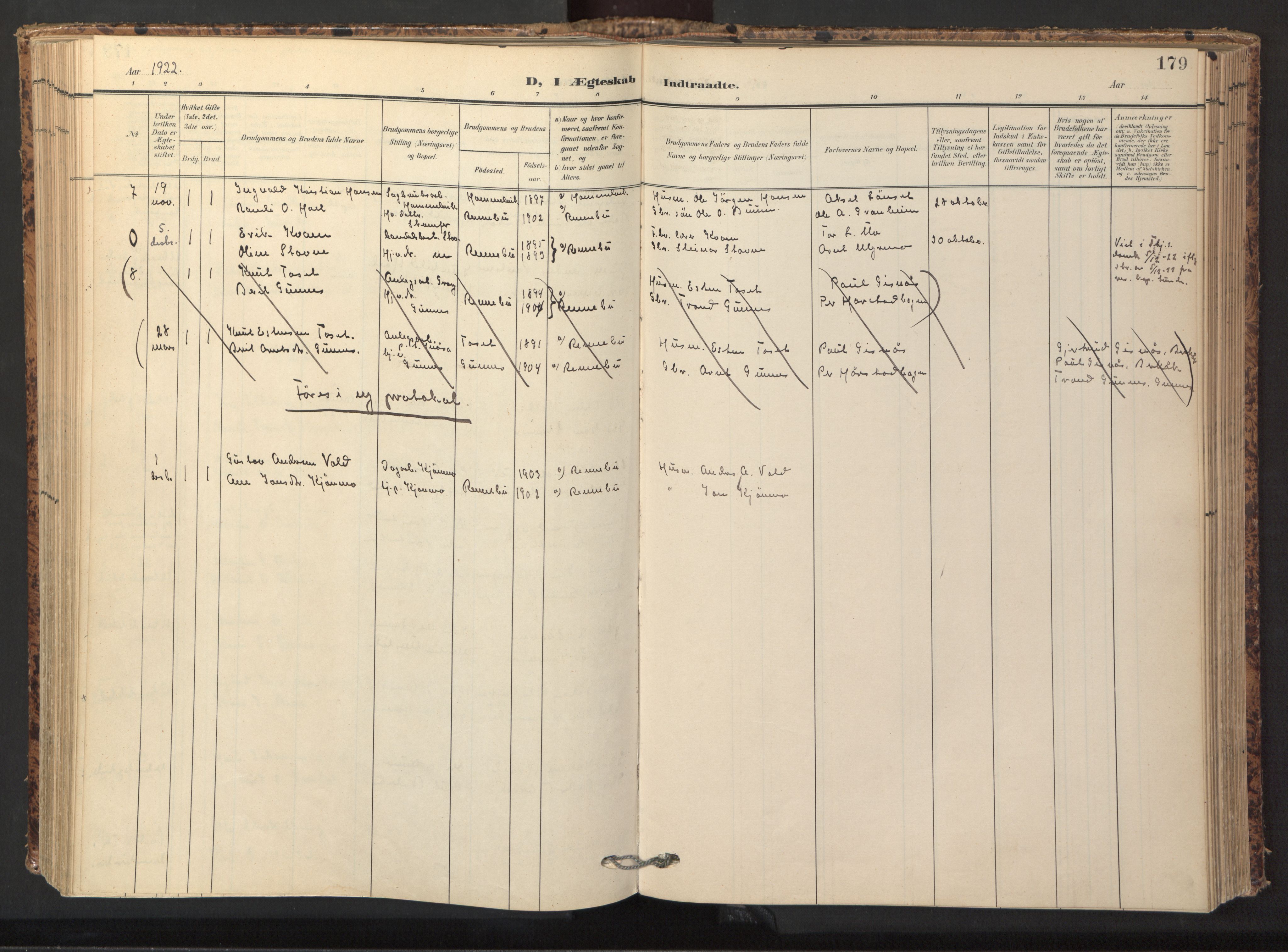 Ministerialprotokoller, klokkerbøker og fødselsregistre - Sør-Trøndelag, SAT/A-1456/674/L0873: Ministerialbok nr. 674A05, 1908-1923, s. 179