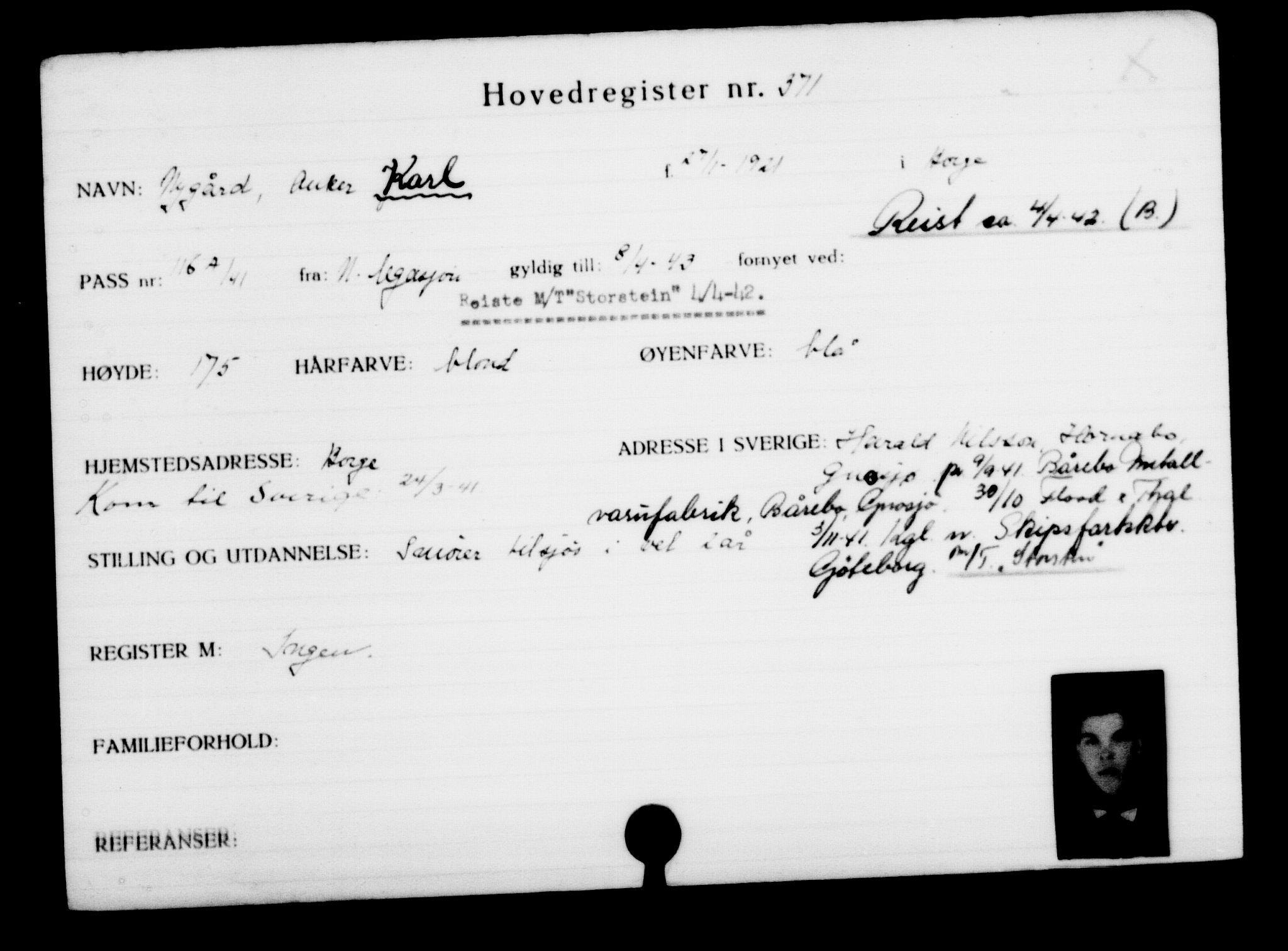 Utenriksstasjonene, Legasjonen i Stockholm, Flyktningkontoret, AV/RA-S-6753/V/Va/L0001: Kjesäterkartoteket, flyktninger med registreringsnr. 1-1000, 1940-1945, s. 586