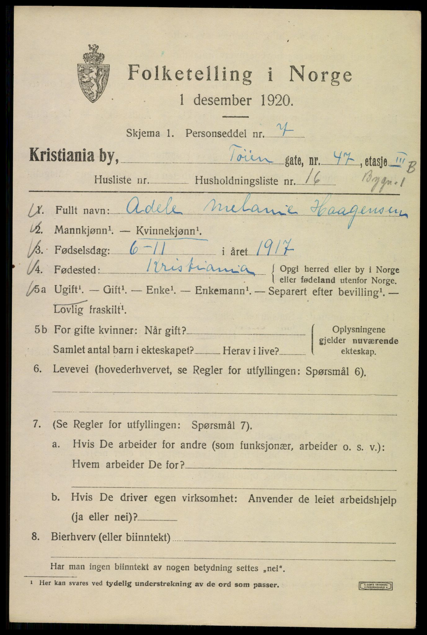 SAO, Folketelling 1920 for 0301 Kristiania kjøpstad, 1920, s. 609595