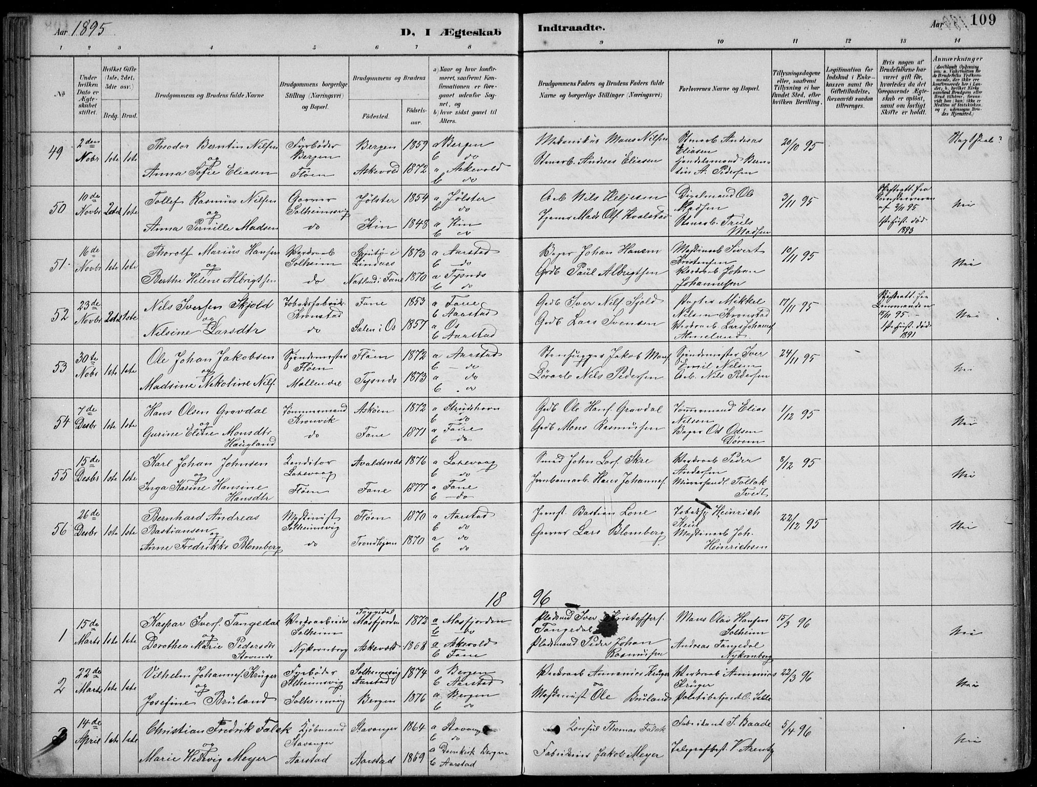 Årstad Sokneprestembete, AV/SAB-A-79301/H/Hab/L0011: Klokkerbok nr. B 1, 1886-1901, s. 109