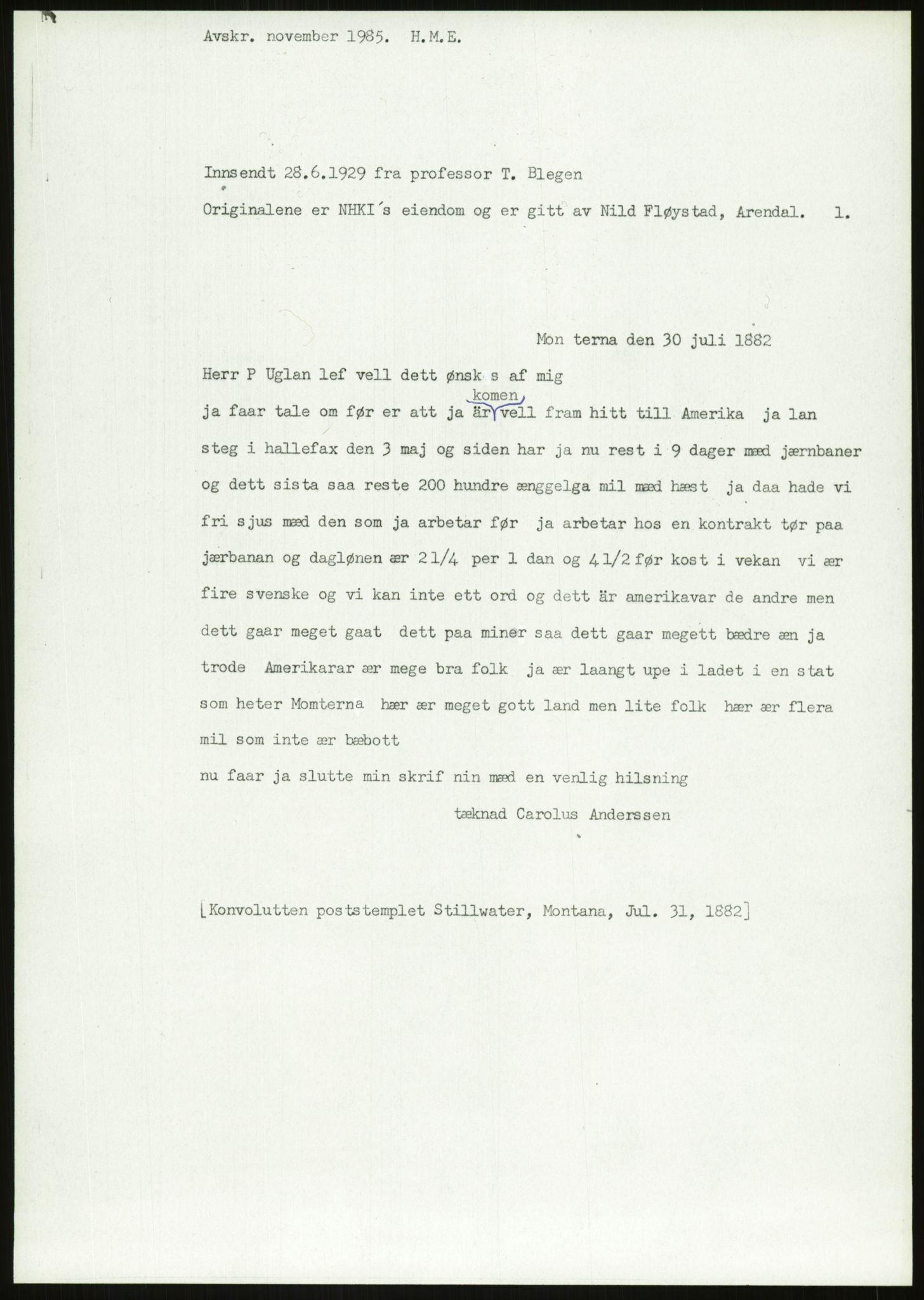 Samlinger til kildeutgivelse, Amerikabrevene, AV/RA-EA-4057/F/L0026: Innlån fra Aust-Agder: Aust-Agder-Arkivet - Erickson, 1838-1914, s. 909