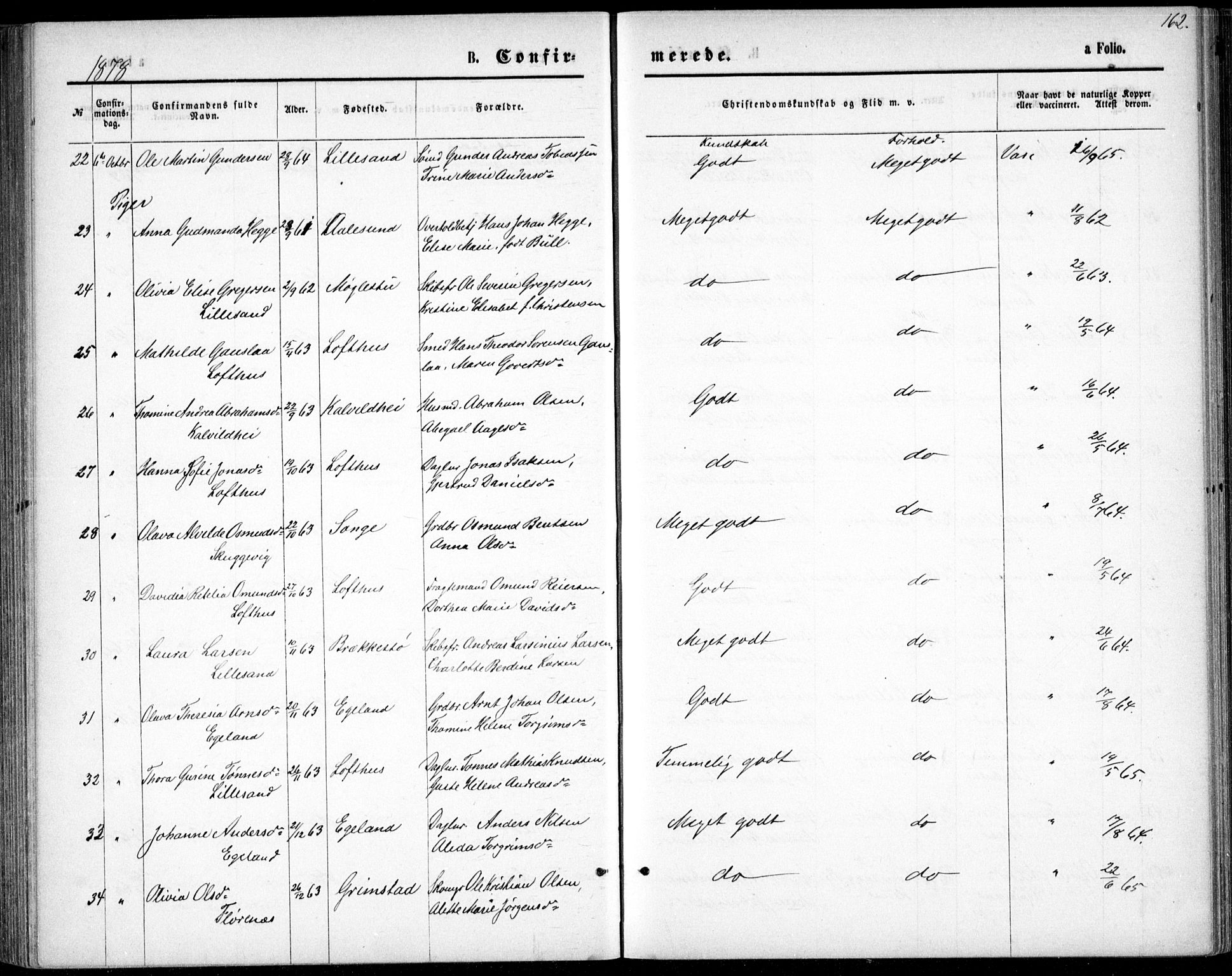 Vestre Moland sokneprestkontor, AV/SAK-1111-0046/F/Fb/Fbb/L0005: Klokkerbok nr. B 5, 1872-1883, s. 162