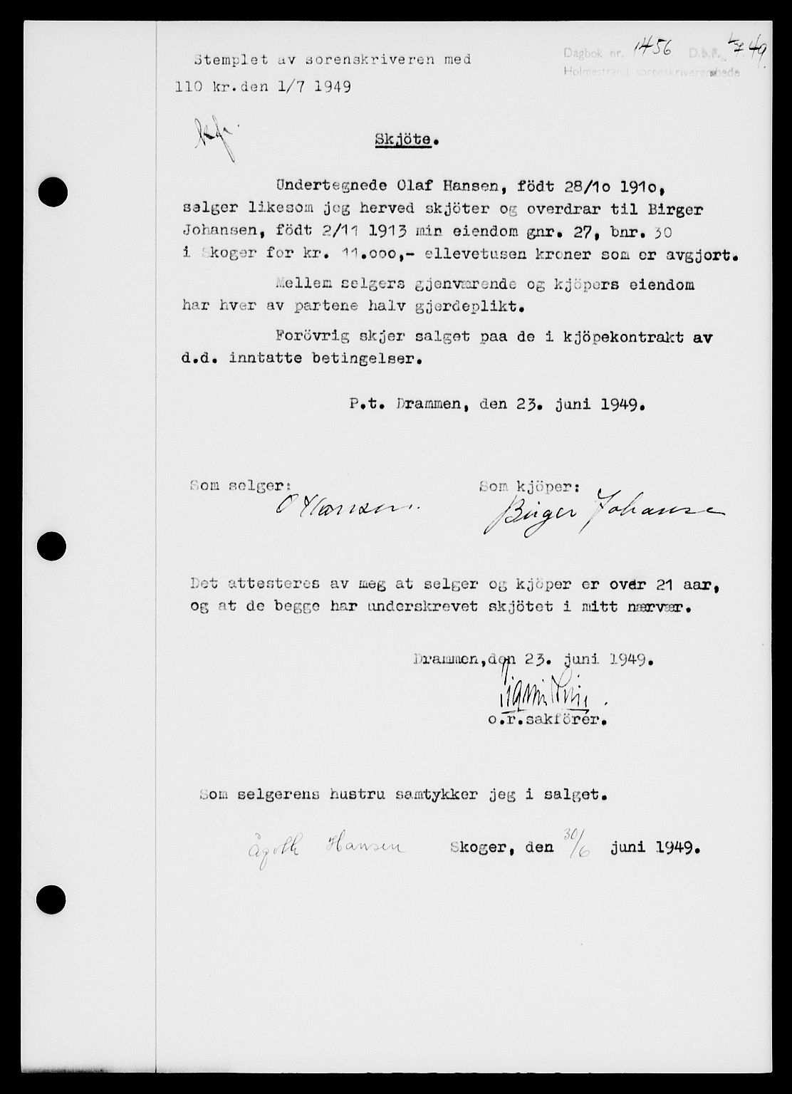 Holmestrand sorenskriveri, SAKO/A-67/G/Ga/Gaa/L0067: Pantebok nr. A-67, 1949-1949, Dagboknr: 1456/1949